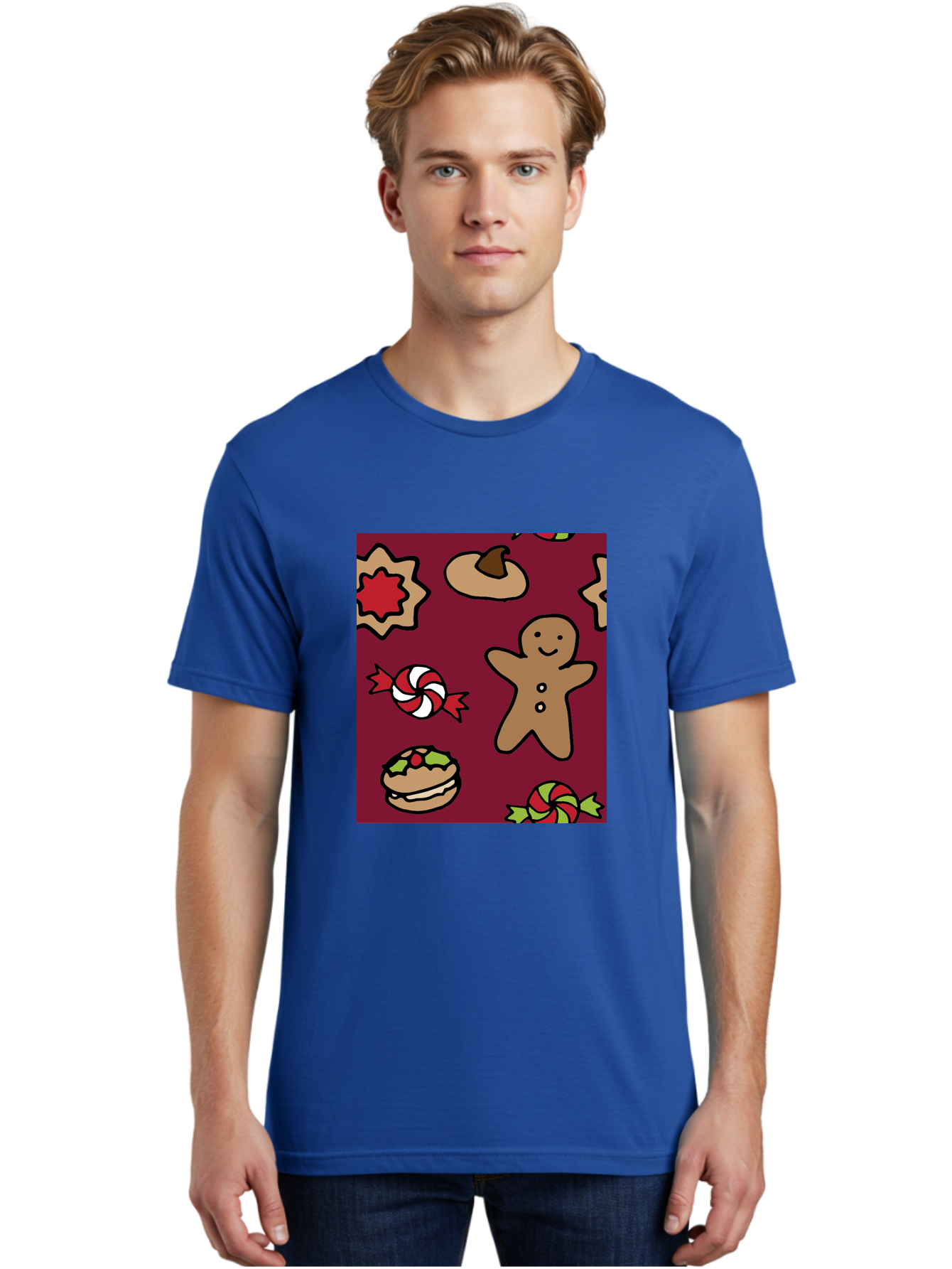 Gingerbread-Man Men'S Graphic Tee, 100% Cotton, Comfortable Casual Summer Wear, Machine Washable, Gingerbread Man, Christmas Sweets, Candies, Cookies, Festive Treats, Holiday Delights, Red And White Swirls, Christmas Cookies, - Aaa903 22