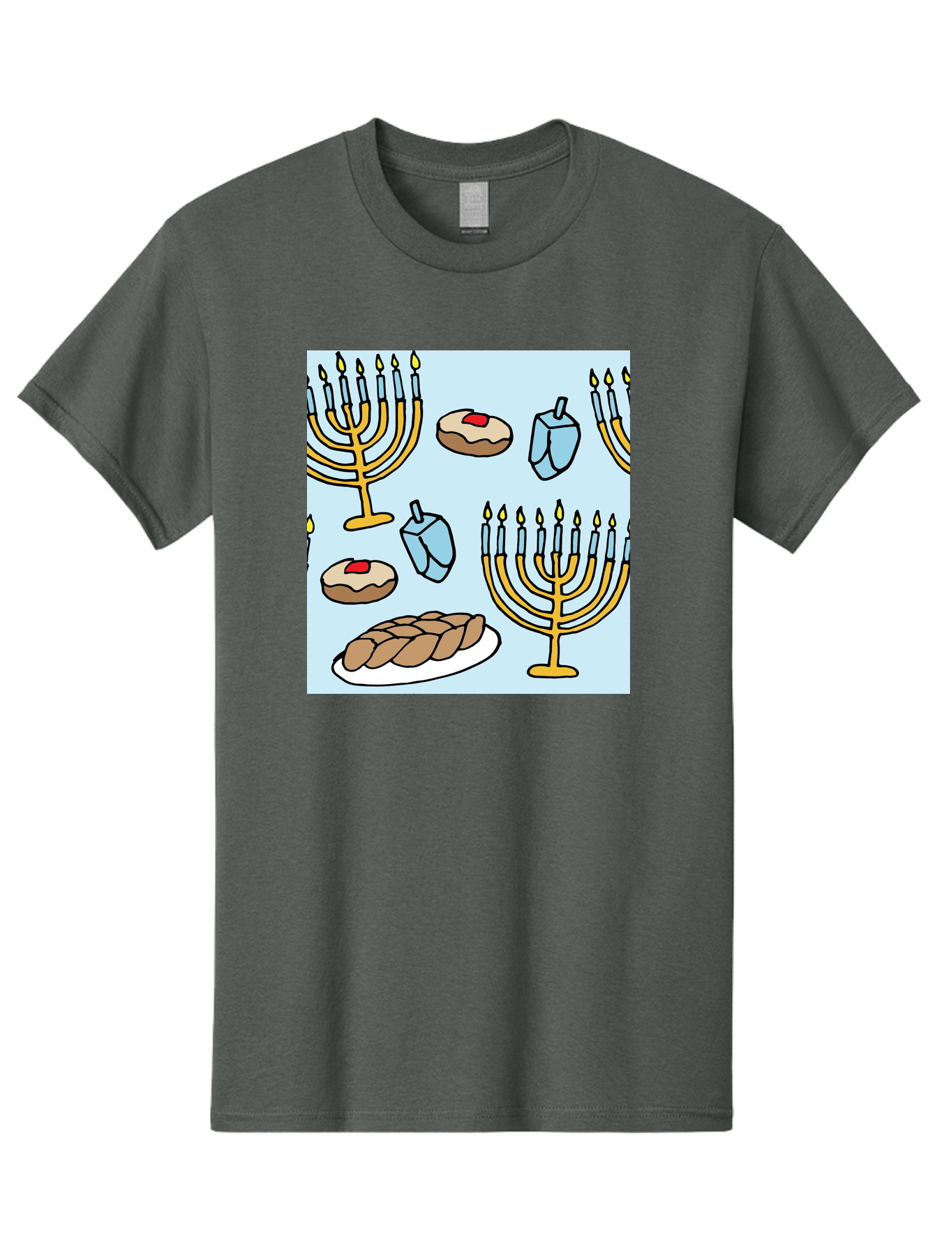 Hanukkah-Symbols Men'S Graphic Tee, 100% Cotton, Comfortable Casual Summer Wear, Machine Washable, Menorahs With Lit Candles, Sufganiyot Jelly Donuts, Dreidels, Challah Bread, Hanukkah Traditions, Jewish Holiday, Festive Food, - Aaa910 3
