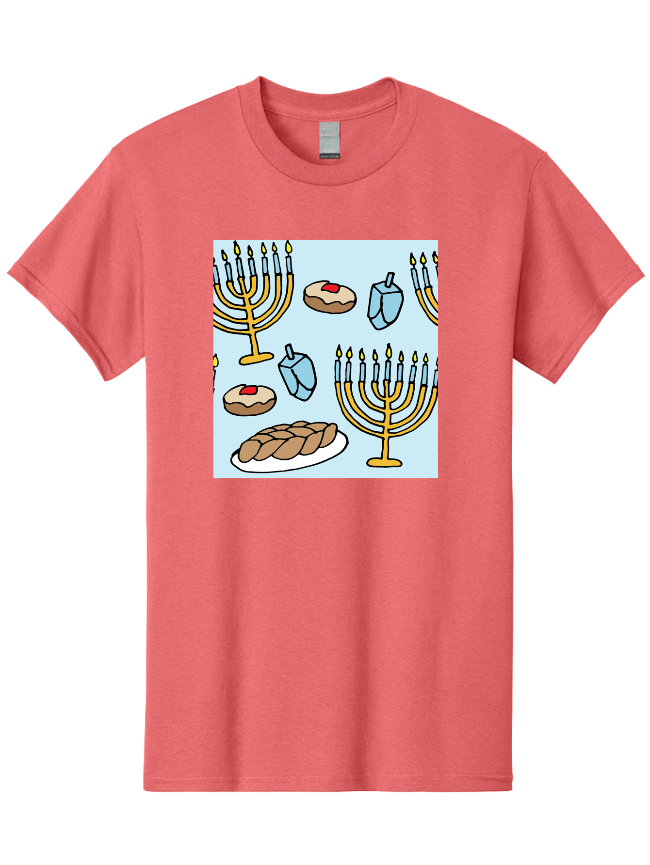 Hanukkah-Symbols Men'S Graphic Tee, 100% Cotton, Comfortable Casual Summer Wear, Machine Washable, Menorahs With Lit Candles, Sufganiyot Jelly Donuts, Dreidels, Challah Bread, Hanukkah Traditions, Jewish Holiday, Festive Food, - Aaa910 5