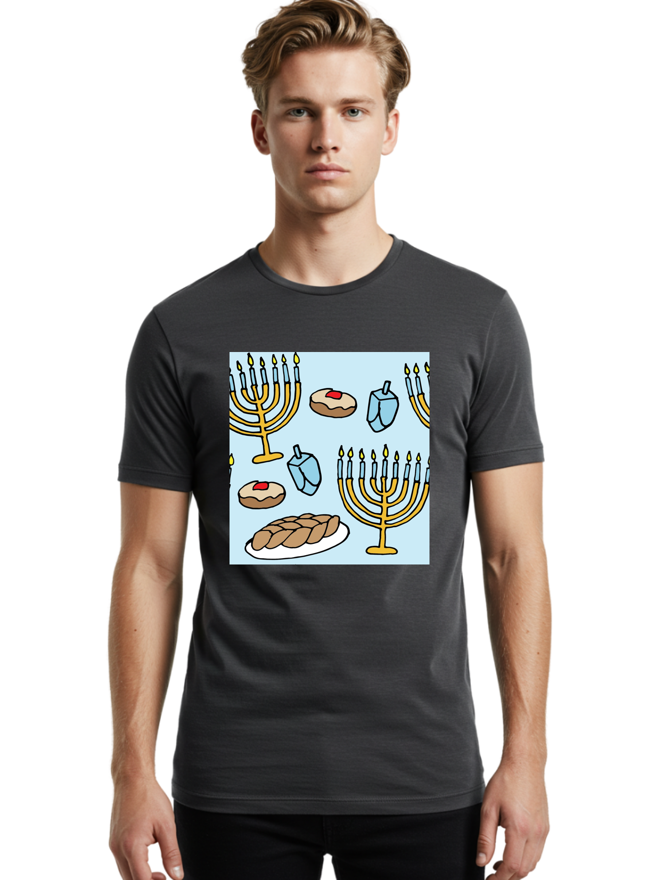 Hanukkah-Symbols Men'S Graphic Tee, 100% Cotton, Comfortable Casual Summer Wear, Machine Washable, Menorahs With Lit Candles, Sufganiyot Jelly Donuts, Dreidels, Challah Bread, Hanukkah Traditions, Jewish Holiday, Festive Food, - Aaa910 8
