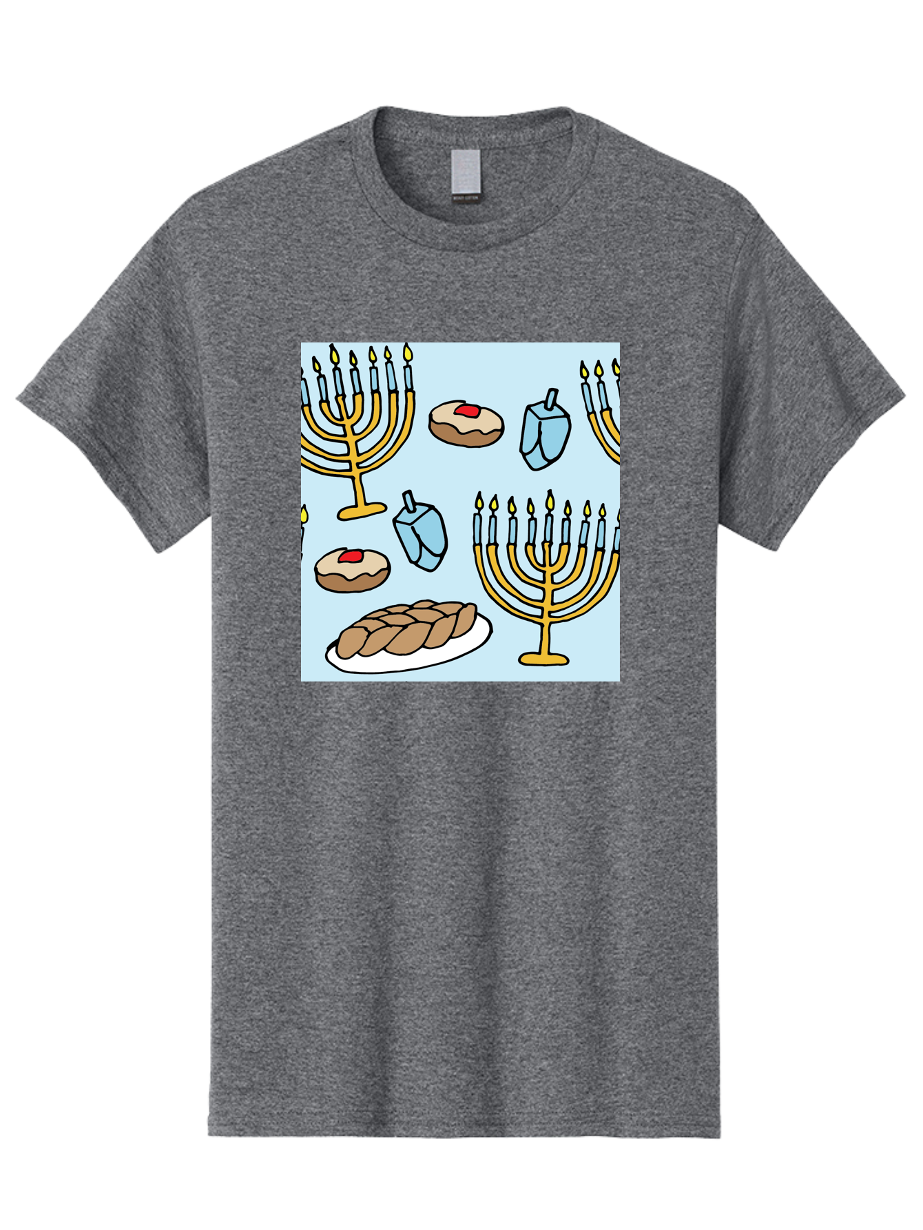 Hanukkah-Symbols Men'S Graphic Tee, 100% Cotton, Comfortable Casual Summer Wear, Machine Washable, Menorahs With Lit Candles, Sufganiyot Jelly Donuts, Dreidels, Challah Bread, Hanukkah Traditions, Jewish Holiday, Festive Food, - Aaa910 9