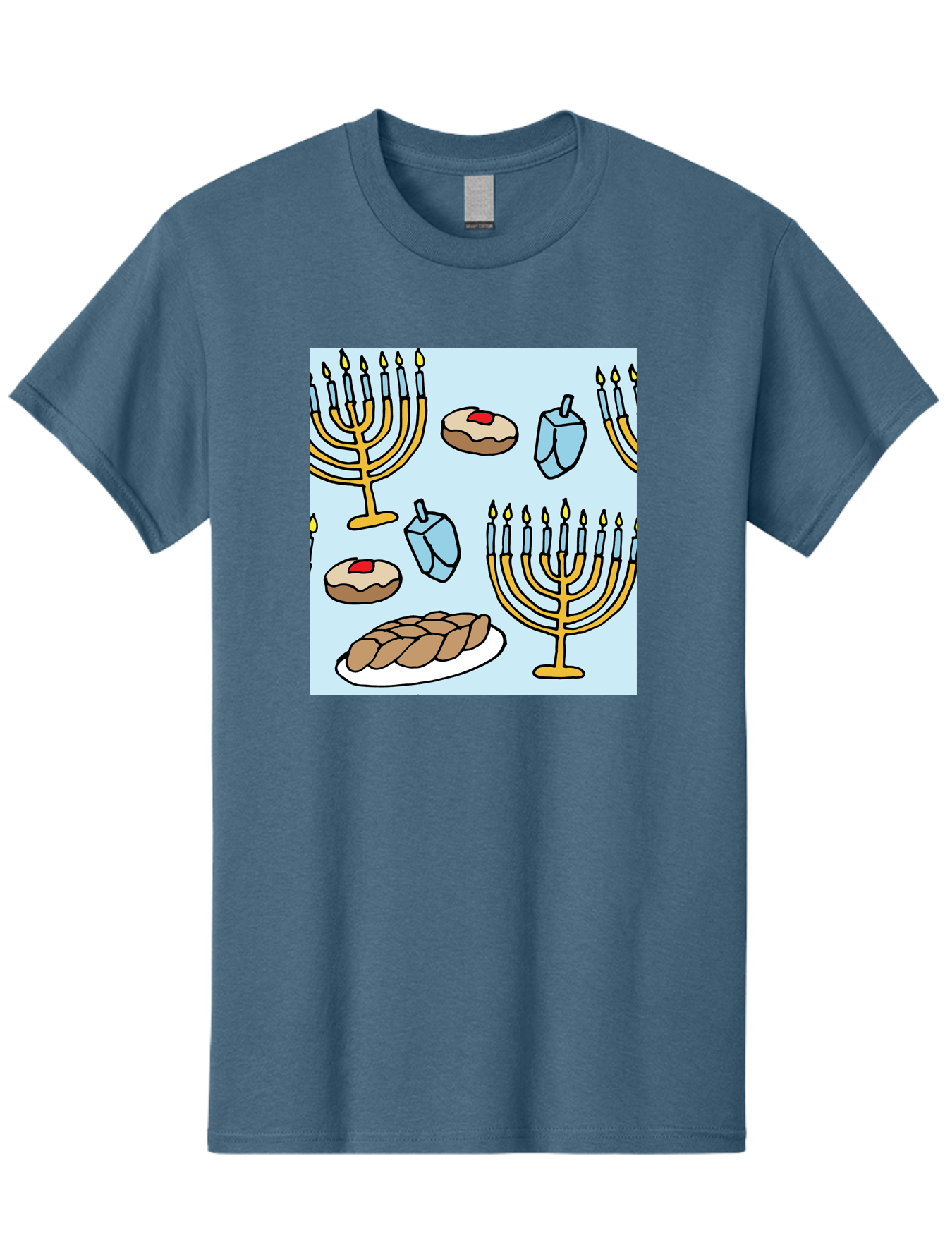 Hanukkah-Symbols Men'S Graphic Tee, 100% Cotton, Comfortable Casual Summer Wear, Machine Washable, Menorahs With Lit Candles, Sufganiyot Jelly Donuts, Dreidels, Challah Bread, Hanukkah Traditions, Jewish Holiday, Festive Food, - Aaa910 11