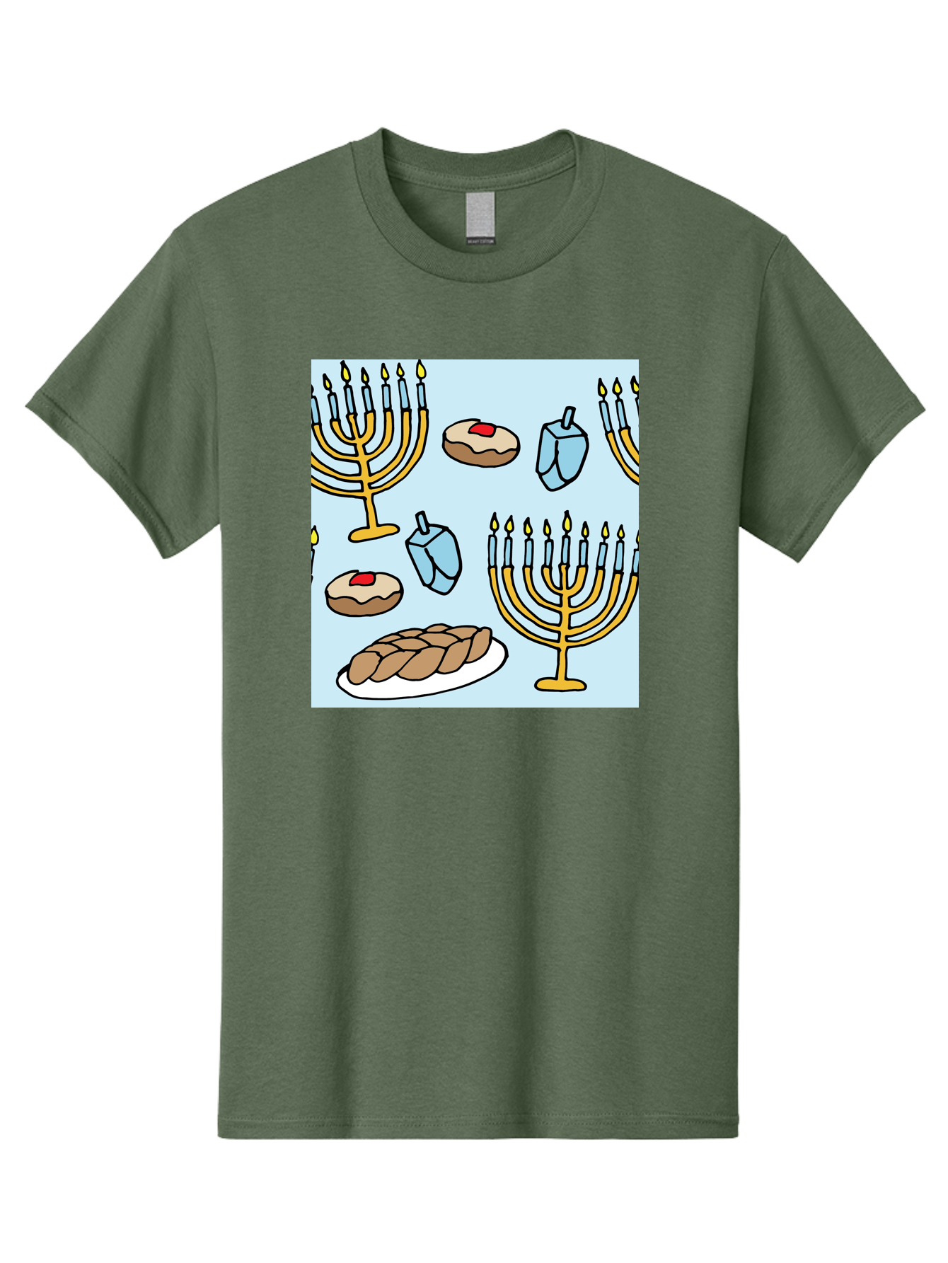 Hanukkah-Symbols Men'S Graphic Tee, 100% Cotton, Comfortable Casual Summer Wear, Machine Washable, Menorahs With Lit Candles, Sufganiyot Jelly Donuts, Dreidels, Challah Bread, Hanukkah Traditions, Jewish Holiday, Festive Food, - Aaa910 15