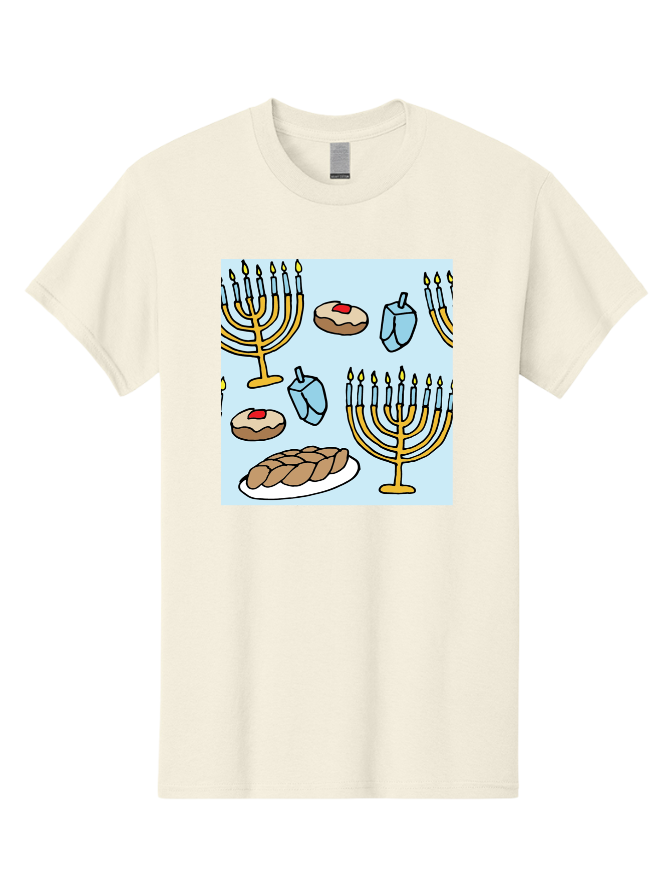 Hanukkah-Symbols Men'S Graphic Tee, 100% Cotton, Comfortable Casual Summer Wear, Machine Washable, Menorahs With Lit Candles, Sufganiyot Jelly Donuts, Dreidels, Challah Bread, Hanukkah Traditions, Jewish Holiday, Festive Food, - Aaa910 17