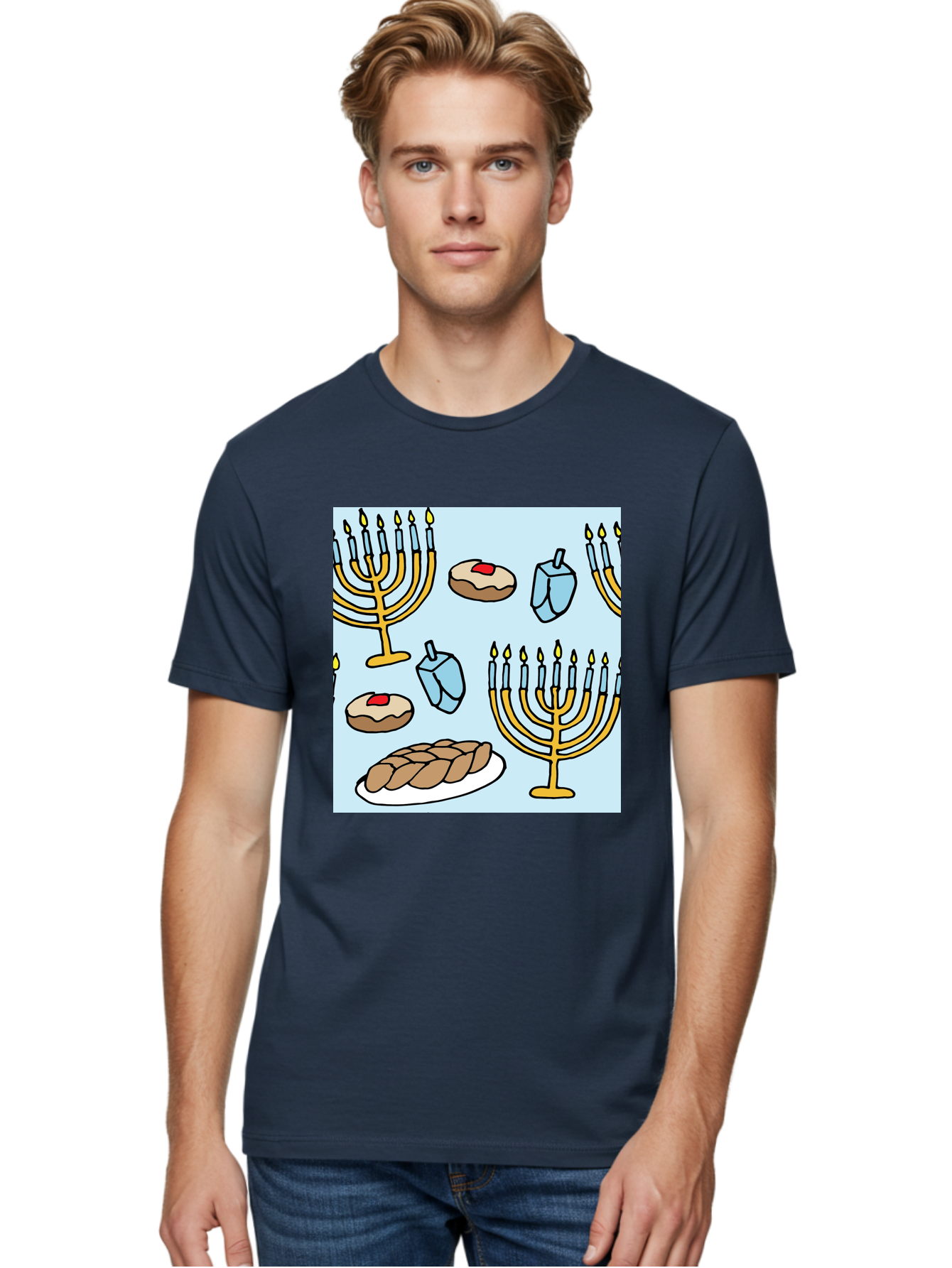 Hanukkah-Symbols Men'S Graphic Tee, 100% Cotton, Comfortable Casual Summer Wear, Machine Washable, Menorahs With Lit Candles, Sufganiyot Jelly Donuts, Dreidels, Challah Bread, Hanukkah Traditions, Jewish Holiday, Festive Food, - Aaa910 20