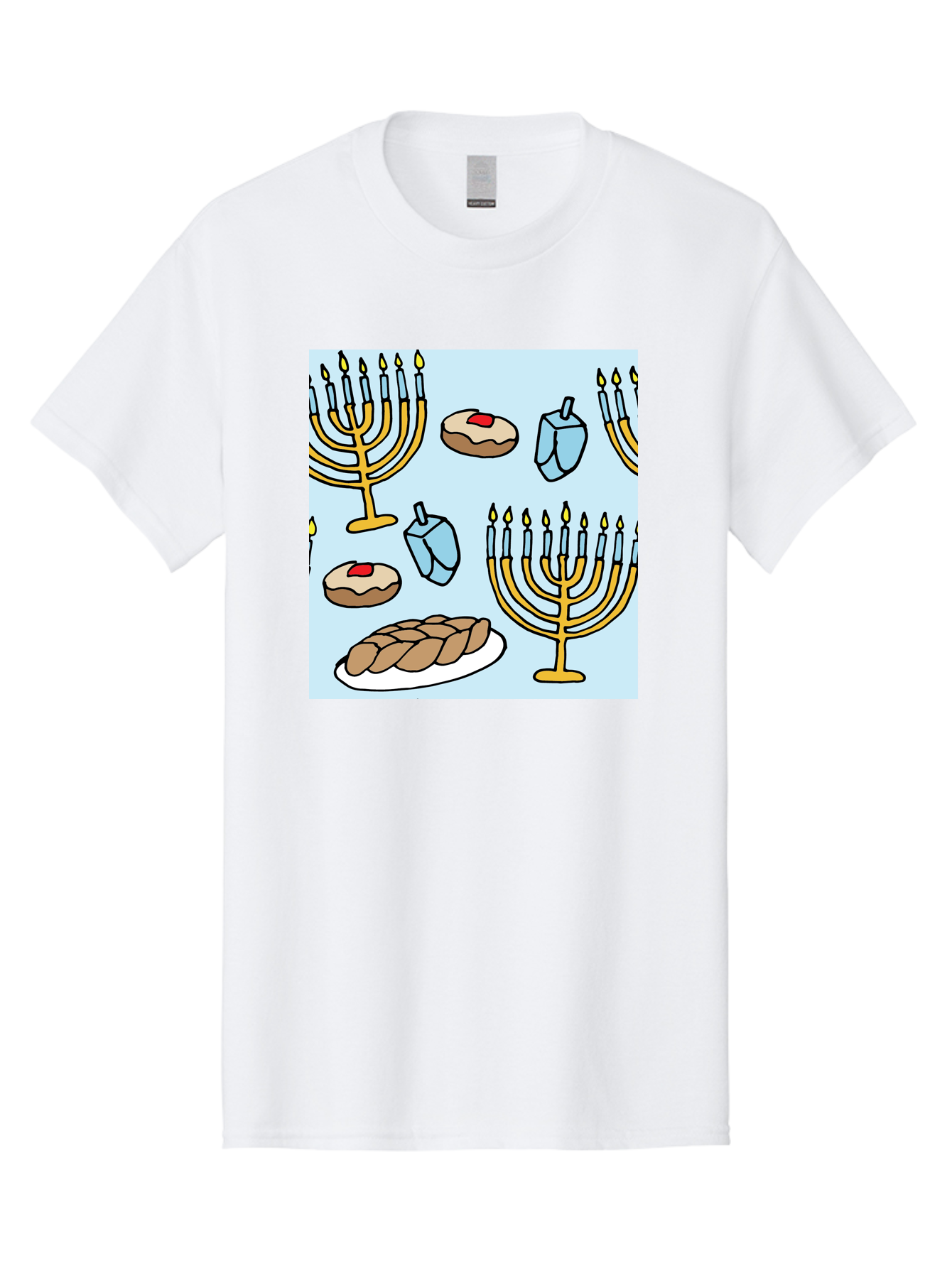 Hanukkah-Symbols Men'S Graphic Tee, 100% Cotton, Comfortable Casual Summer Wear, Machine Washable, Menorahs With Lit Candles, Sufganiyot Jelly Donuts, Dreidels, Challah Bread, Hanukkah Traditions, Jewish Holiday, Festive Food, - Aaa910 29
