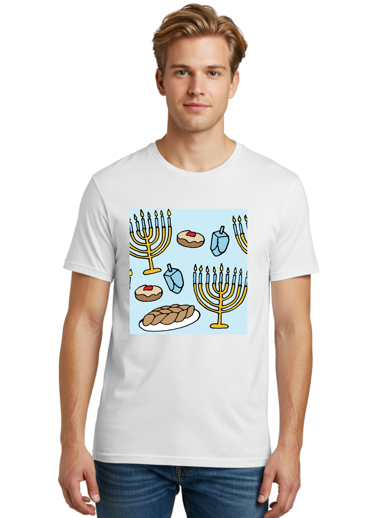 Hanukkah-Symbols Men'S Graphic Tee, 100% Cotton, Comfortable Casual Summer Wear, Machine Washable, Menorahs With Lit Candles, Sufganiyot Jelly Donuts, Dreidels, Challah Bread, Hanukkah Traditions, Jewish Holiday, Festive Food, - Aaa910 30