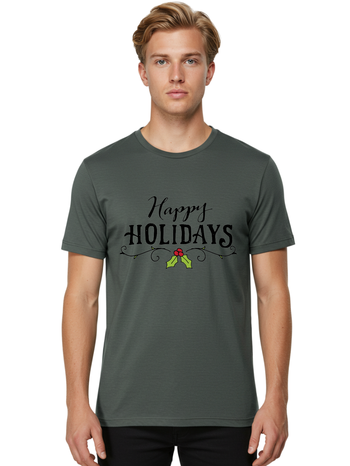 Happy-Holidays-6 Men'S Graphic Tee, 100% Cotton, Comfortable Casual Summer Wear, Machine Washable, Happy Holidays, Holiday Cheer, Festive Season, Holly Leaves, Red Berries, Black Script, Vintage Typography, Christmas Greetings, - Aaa918 16