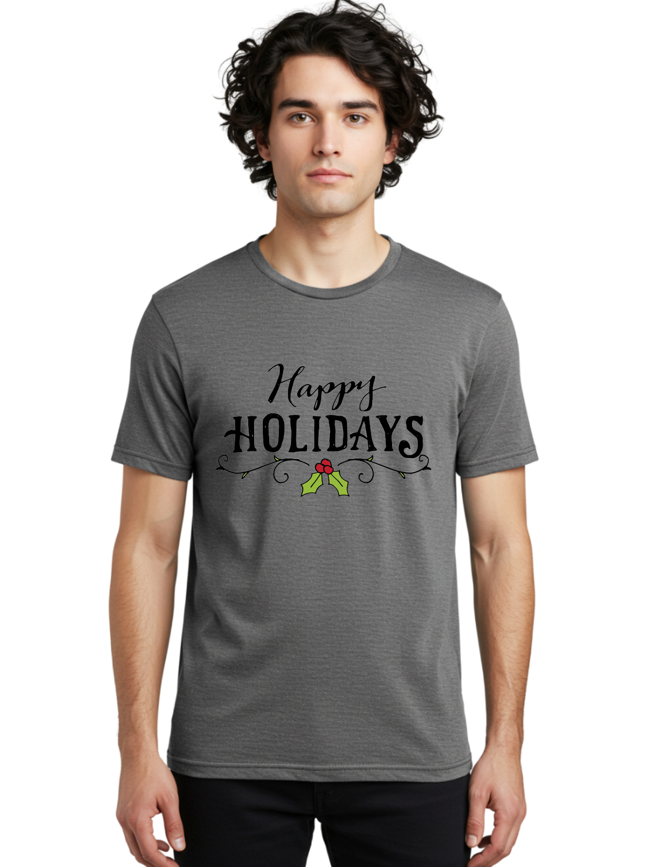 Happy-Holidays-6 Men'S Graphic Tee, 100% Cotton, Comfortable Casual Summer Wear, Machine Washable, Happy Holidays, Holiday Cheer, Festive Season, Holly Leaves, Red Berries, Black Script, Vintage Typography, Christmas Greetings, - Aaa918 10