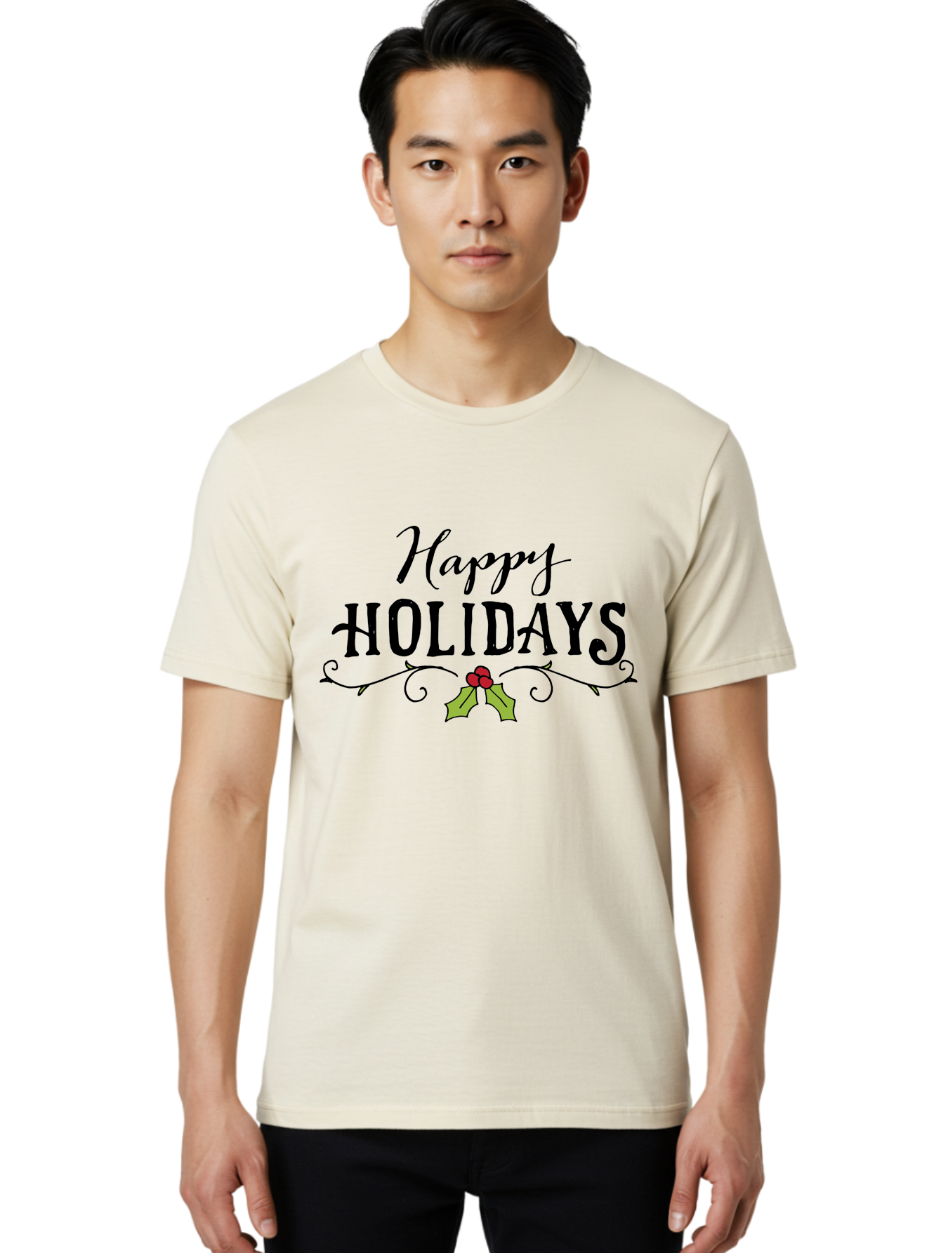 Happy-Holidays-6 Men'S Graphic Tee, 100% Cotton, Comfortable Casual Summer Wear, Machine Washable, Happy Holidays, Holiday Cheer, Festive Season, Holly Leaves, Red Berries, Black Script, Vintage Typography, Christmas Greetings, - Aaa918 18