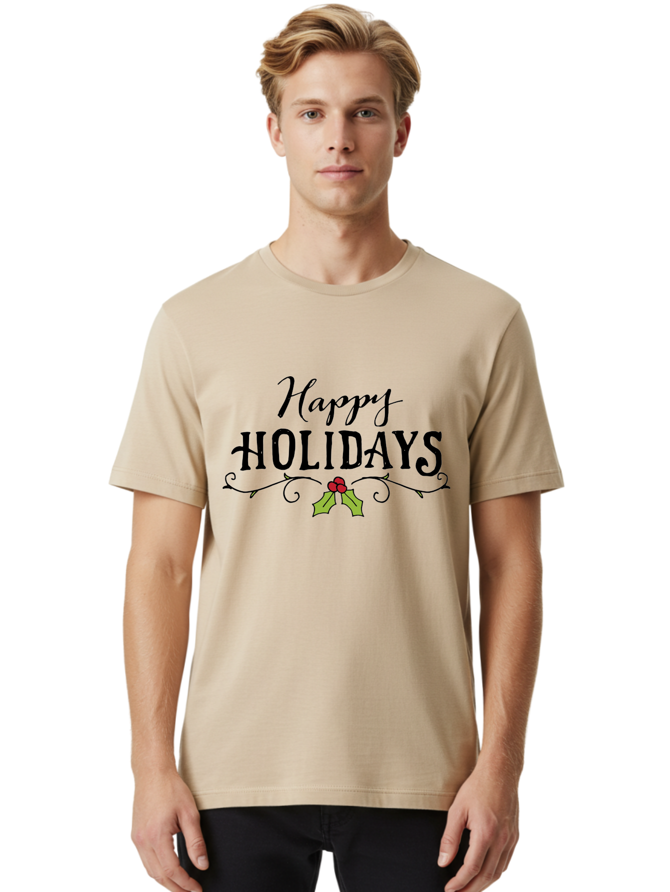 Happy-Holidays-6 Men'S Graphic Tee, 100% Cotton, Comfortable Casual Summer Wear, Machine Washable, Happy Holidays, Holiday Cheer, Festive Season, Holly Leaves, Red Berries, Black Script, Vintage Typography, Christmas Greetings, - Aaa918 10
