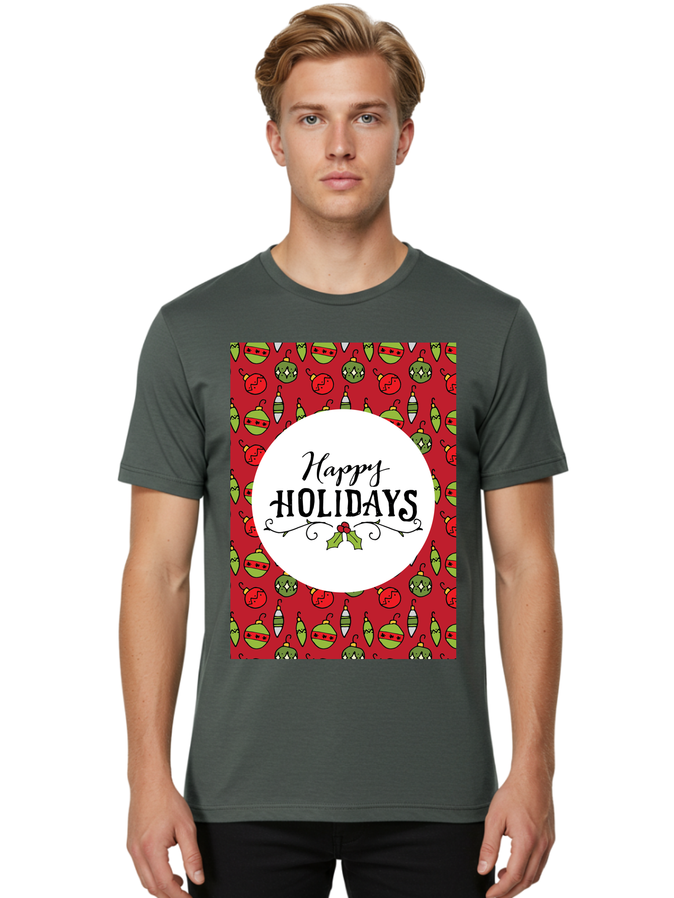 Happy-Holidays-7 Men'S Graphic Tee, 100% Cotton, Comfortable Casual Summer Wear, Machine Washable, Happy Holidays Greeting, Christmas Ornaments, Festive Decorations, Holiday Cheer, Red And Green Theme, Winter Season, Holiday Wishes, - Aaa919 26