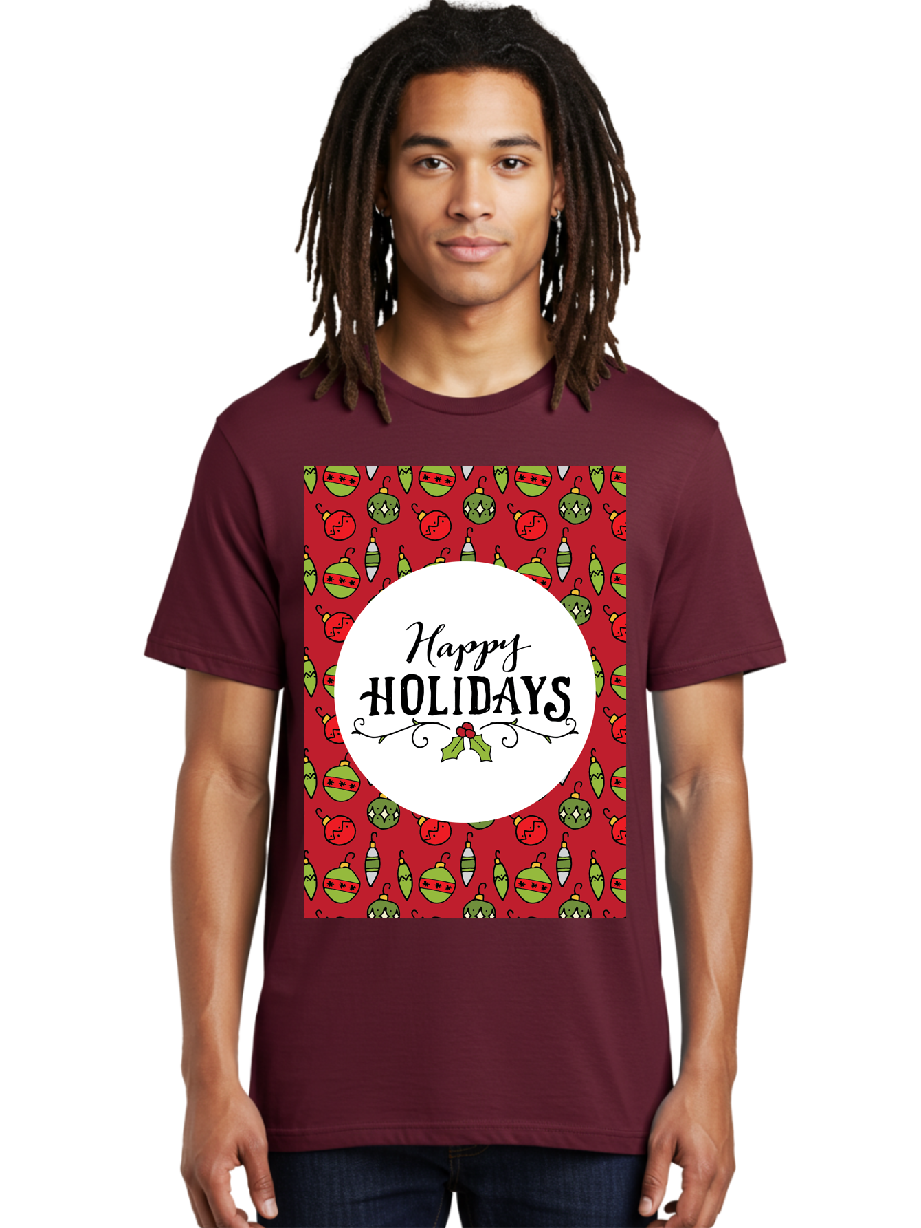 Happy-Holidays-7 Men'S Graphic Tee, 100% Cotton, Comfortable Casual Summer Wear, Machine Washable, Happy Holidays Greeting, Christmas Ornaments, Festive Decorations, Holiday Cheer, Red And Green Theme, Winter Season, Holiday Wishes, - Aaa919 4
