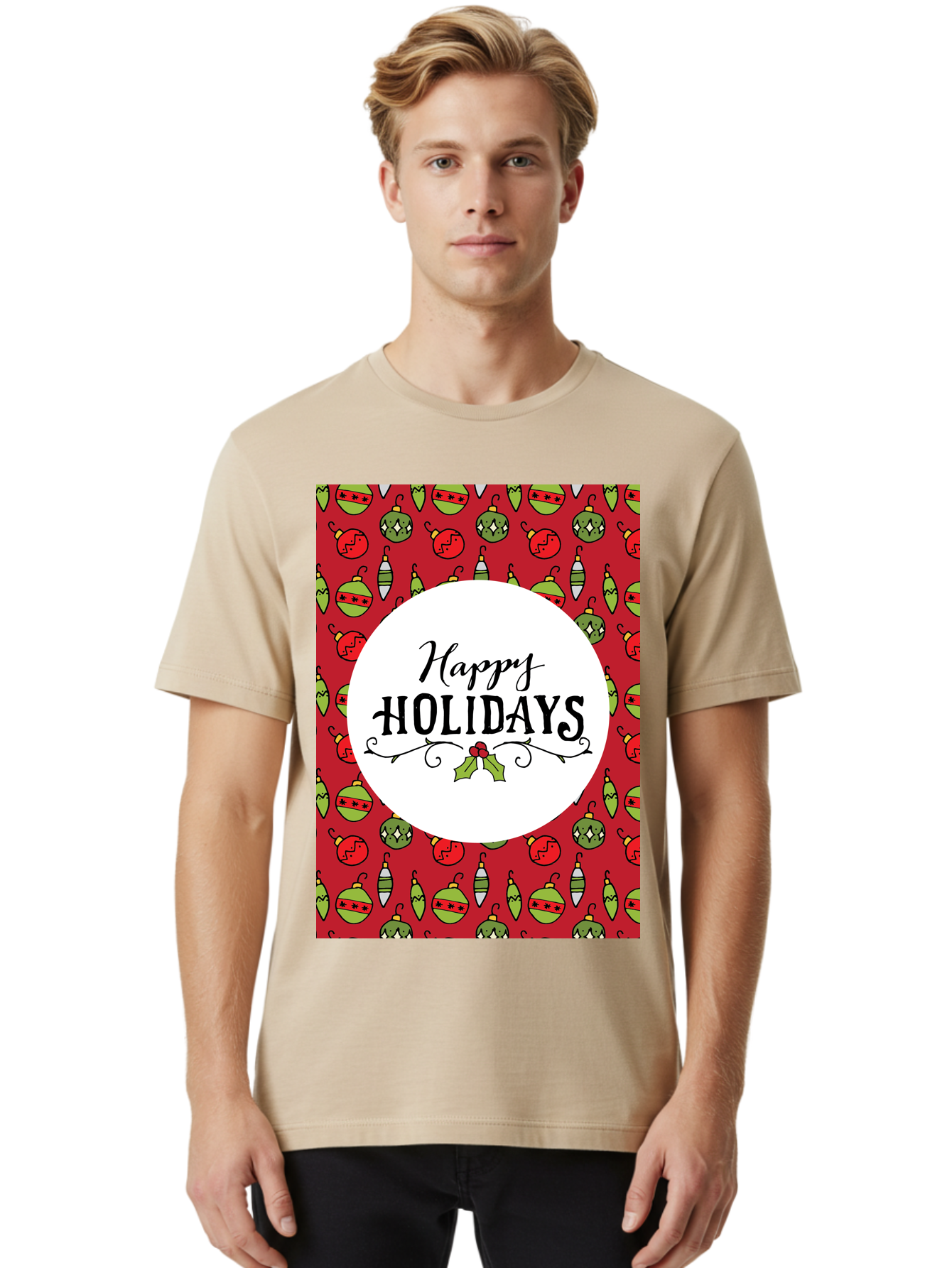 Happy-Holidays-7 Men'S Graphic Tee, 100% Cotton, Comfortable Casual Summer Wear, Machine Washable, Happy Holidays Greeting, Christmas Ornaments, Festive Decorations, Holiday Cheer, Red And Green Theme, Winter Season, Holiday Wishes, - Aaa919 28
