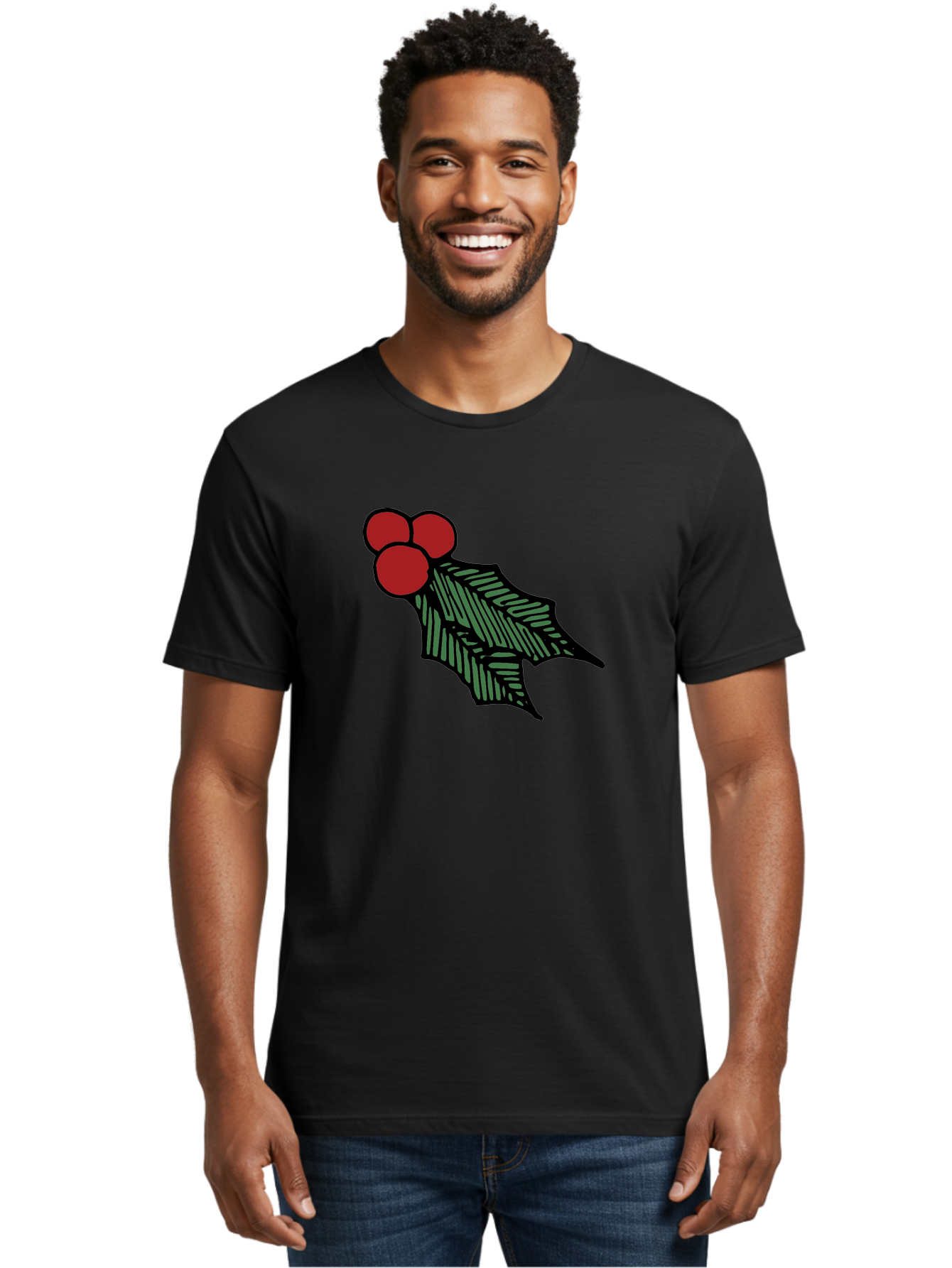 Holly-Leaf-With-Berries Men'S Graphic Tee, 100% Cotton, Comfortable Casual Summer Wear, Machine Washable, Holiday Decor, Festive Illustration, Christmas Symbolism, Holly Leaves, Red Berries, Winter Decoration, Seasonal Graphics - Aaa933 10