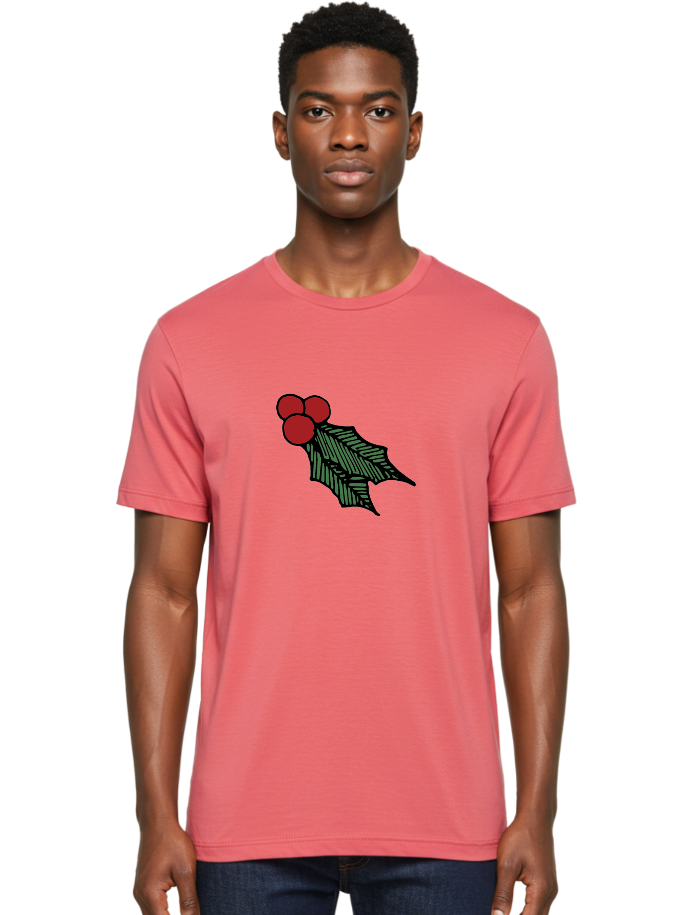 Holly-Leaf-With-Berries Men'S Graphic Tee, 100% Cotton, Comfortable Casual Summer Wear, Machine Washable, Holiday Decor, Festive Illustration, Christmas Symbolism, Holly Leaves, Red Berries, Winter Decoration, Seasonal Graphics - Aaa933 28