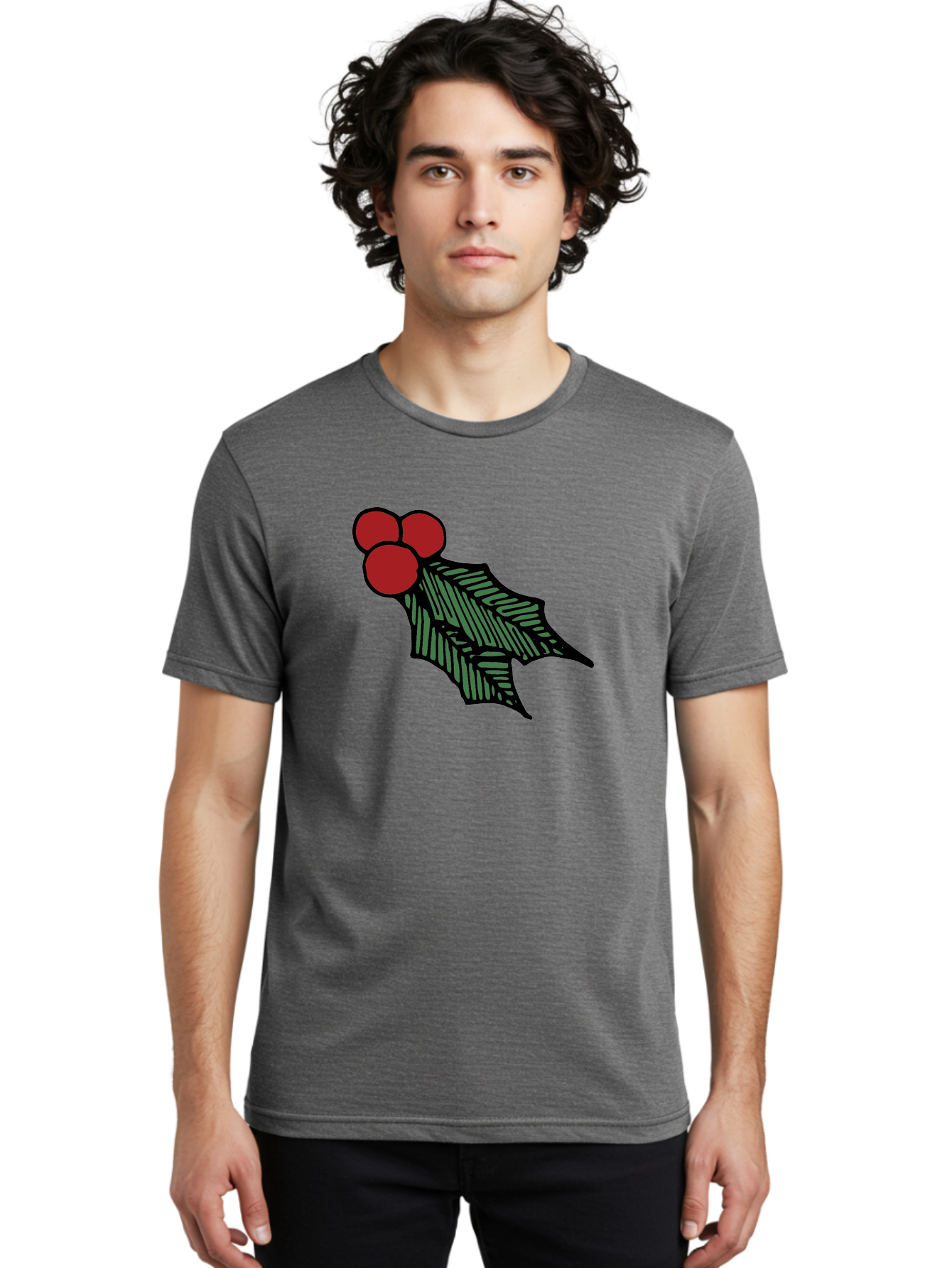 Holly-Leaf-With-Berries Men'S Graphic Tee, 100% Cotton, Comfortable Casual Summer Wear, Machine Washable, Holiday Decor, Festive Illustration, Christmas Symbolism, Holly Leaves, Red Berries, Winter Decoration, Seasonal Graphics - Aaa933 16