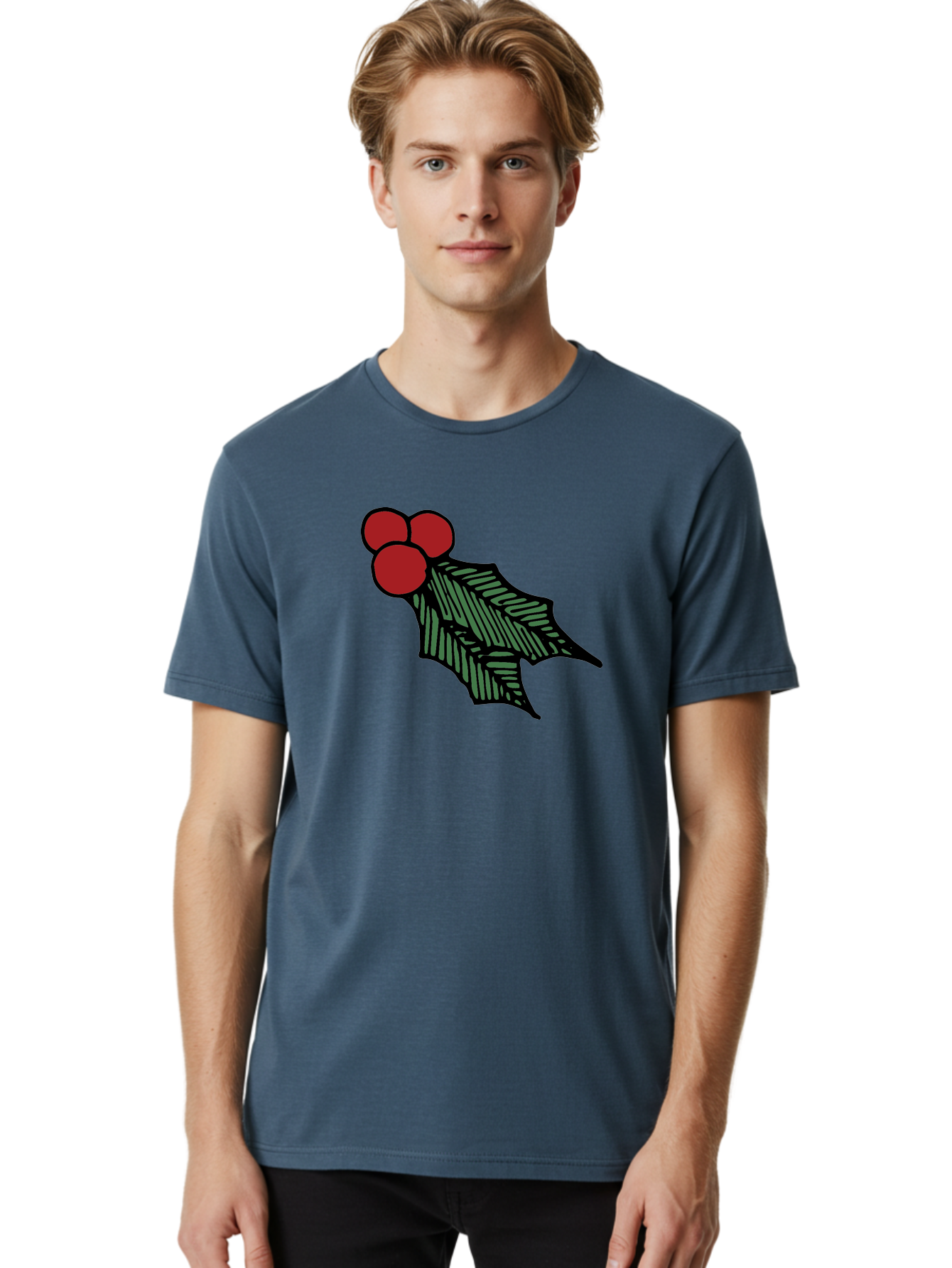 Holly-Leaf-With-Berries Men'S Graphic Tee, 100% Cotton, Comfortable Casual Summer Wear, Machine Washable, Holiday Decor, Festive Illustration, Christmas Symbolism, Holly Leaves, Red Berries, Winter Decoration, Seasonal Graphics - Aaa933 18