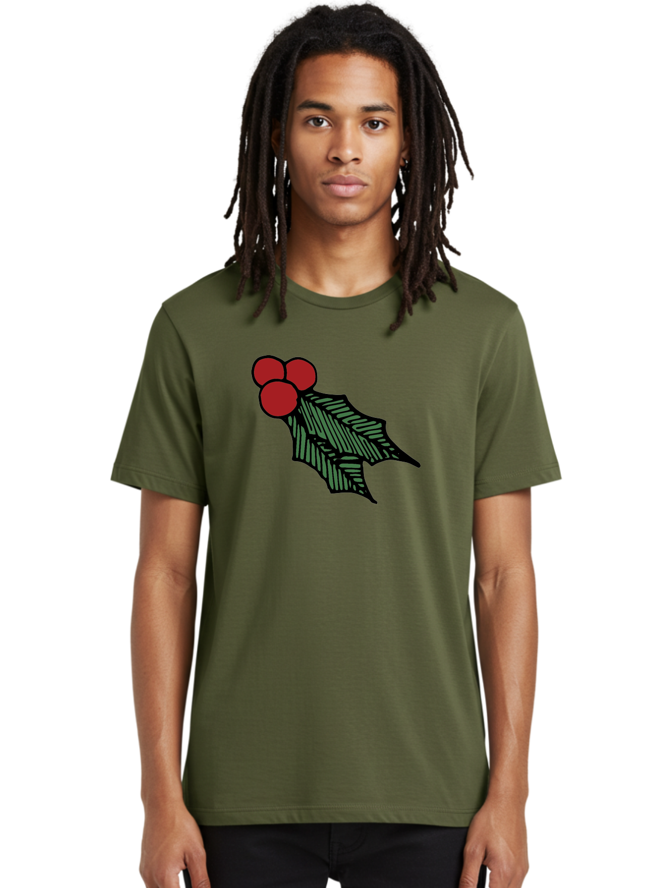 Holly-Leaf-With-Berries Men'S Graphic Tee, 100% Cotton, Comfortable Casual Summer Wear, Machine Washable, Holiday Decor, Festive Illustration, Christmas Symbolism, Holly Leaves, Red Berries, Winter Decoration, Seasonal Graphics - Aaa933 24