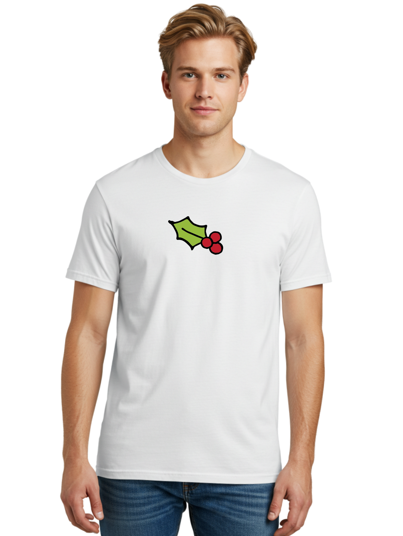 Holly-Leaves-And-Berries-1 Men'S Graphic Tee, 100% Cotton, Comfortable Casual Summer Wear, Machine Washable, Holly Leaf Illustration, Red Berries, Festive Decor, Holiday Theme, Christmas Symbol, Winter Decoration, Cartoon Style, - Aaa934 4