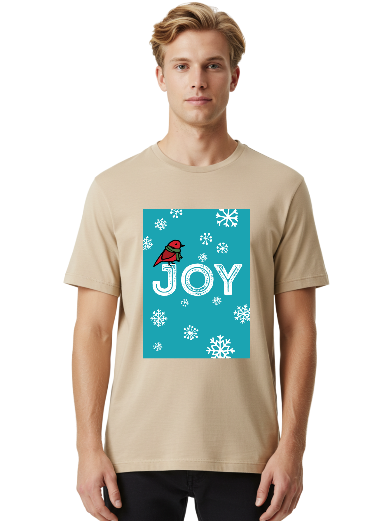 Joy Men'S Graphic Tee, 100% Cotton, Comfortable Casual Summer Wear, Machine Washable, Holiday Cheer, Red Bird, Scarf, Snowflakes, Winter Wonderland, Festive Design, Joyful Atmosphere, Christmas Vibe, Seasonal Greetings - Aaa955 16