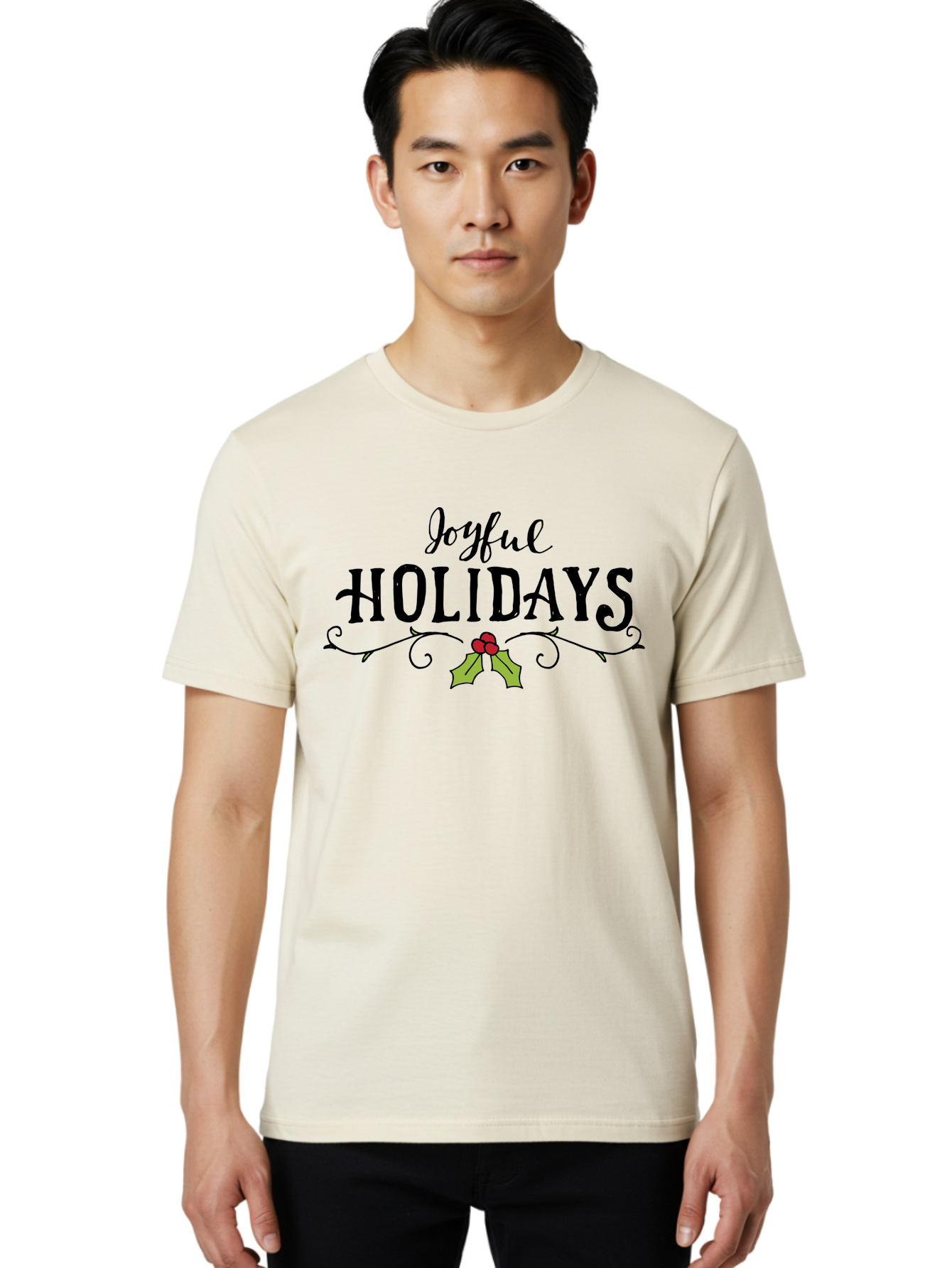 Joyful-Holidays-1 Men'S Graphic Tee, 100% Cotton, Comfortable Casual Summer Wear, Machine Washable, Holiday Wishes, Festive Greeting, Joyful Holidays, Holly Decoration, Red Berries, Vintage Style, Winter Season, Holiday Cheer - Aaa956 20
