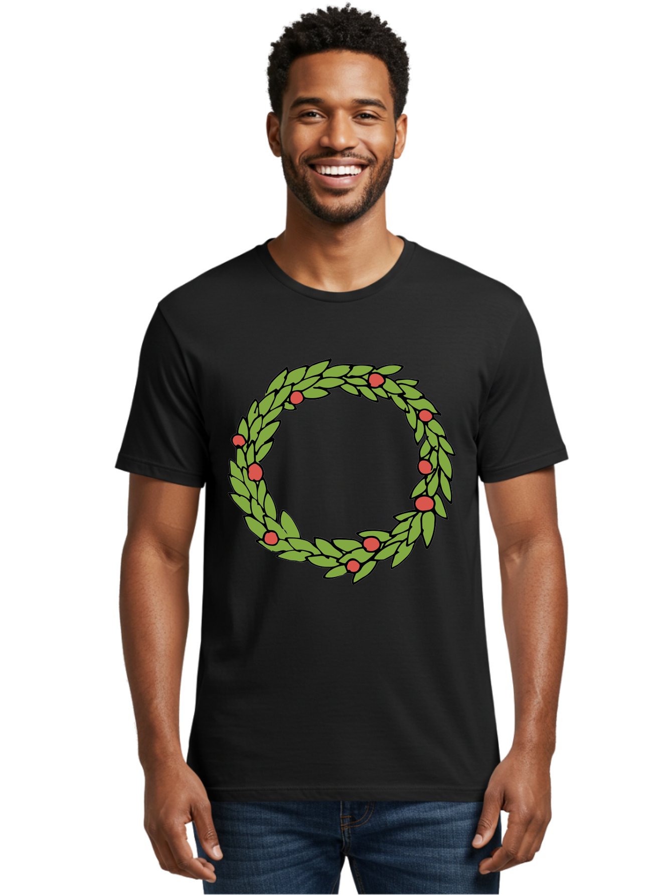 Laurel-Wreath Men'S Graphic Tee, 100% Cotton, Comfortable Casual Summer Wear, Machine Washable, Laurel Wreath, Green Leaves, Red Berries, Circular Design, Symbolic Motif, Traditional Emblem, Vintage Decoration, Classic Iconography, - Aaa960 6