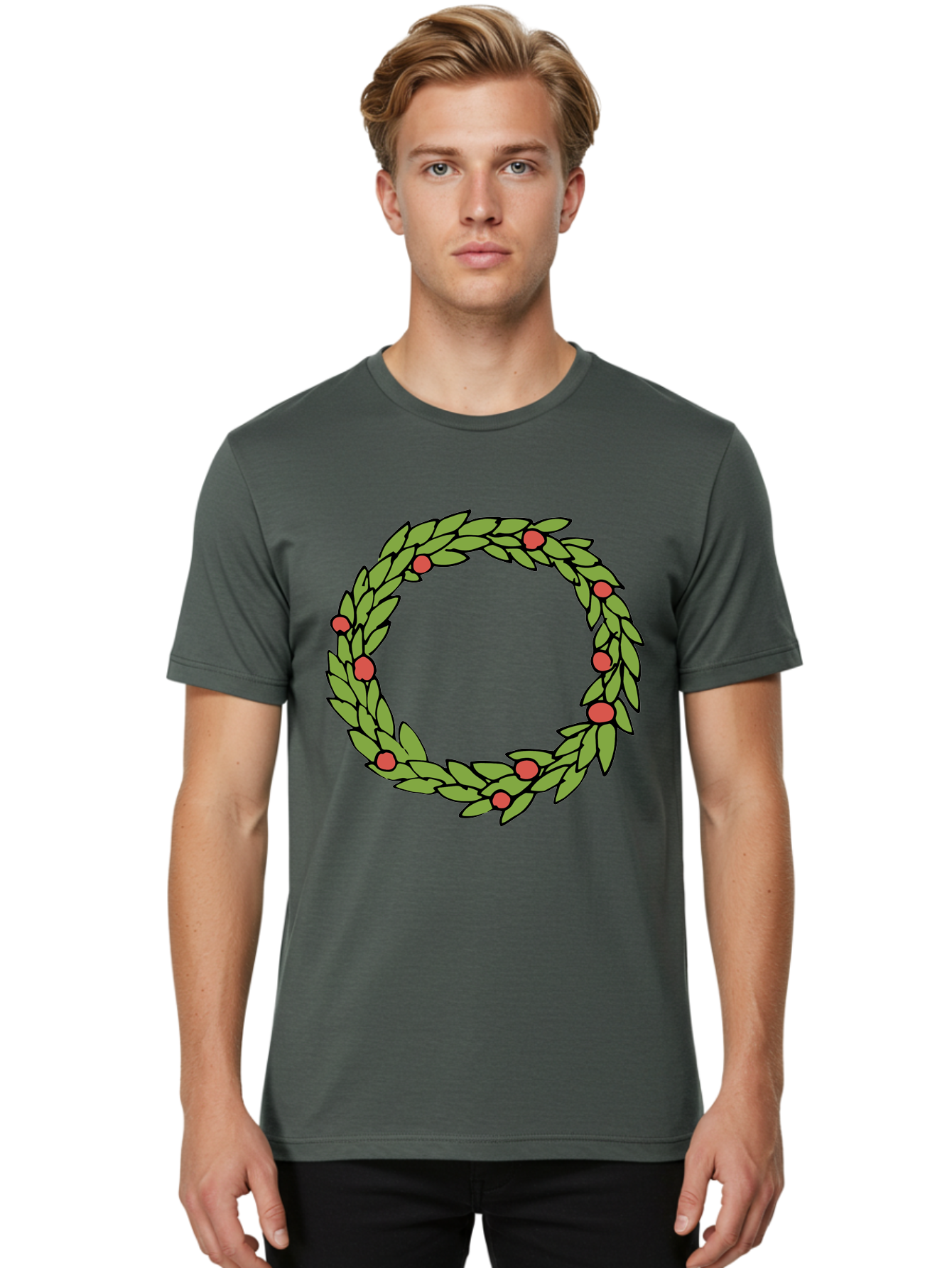 Laurel-Wreath Men'S Graphic Tee, 100% Cotton, Comfortable Casual Summer Wear, Machine Washable, Laurel Wreath, Green Leaves, Red Berries, Circular Design, Symbolic Motif, Traditional Emblem, Vintage Decoration, Classic Iconography, - Aaa960 10