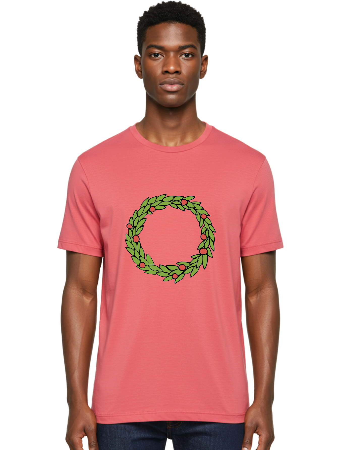 Laurel-Wreath Men'S Graphic Tee, 100% Cotton, Comfortable Casual Summer Wear, Machine Washable, Laurel Wreath, Green Leaves, Red Berries, Circular Design, Symbolic Motif, Traditional Emblem, Vintage Decoration, Classic Iconography, - Aaa960 6