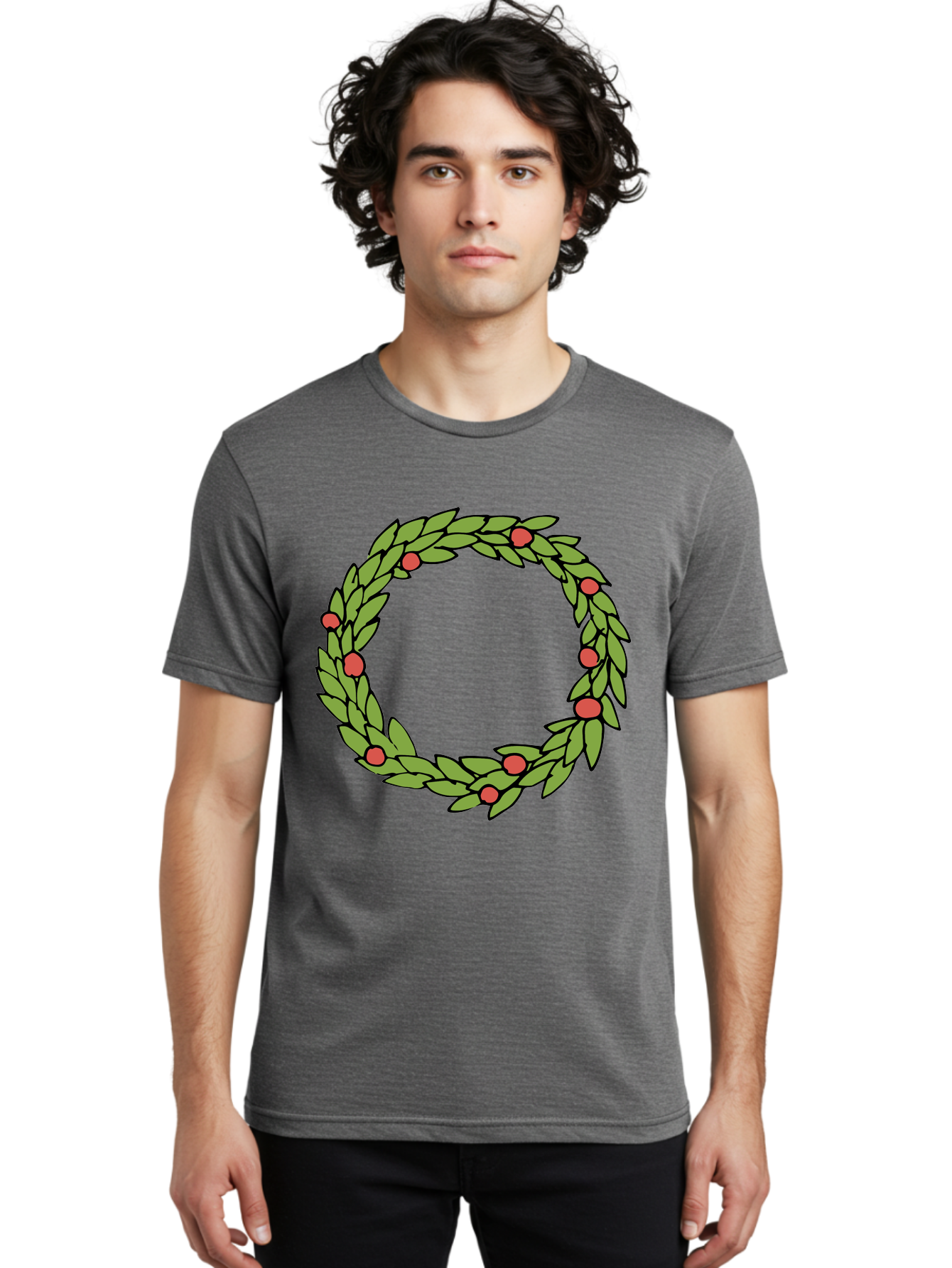 Laurel-Wreath Men'S Graphic Tee, 100% Cotton, Comfortable Casual Summer Wear, Machine Washable, Laurel Wreath, Green Leaves, Red Berries, Circular Design, Symbolic Motif, Traditional Emblem, Vintage Decoration, Classic Iconography, - Aaa960 24