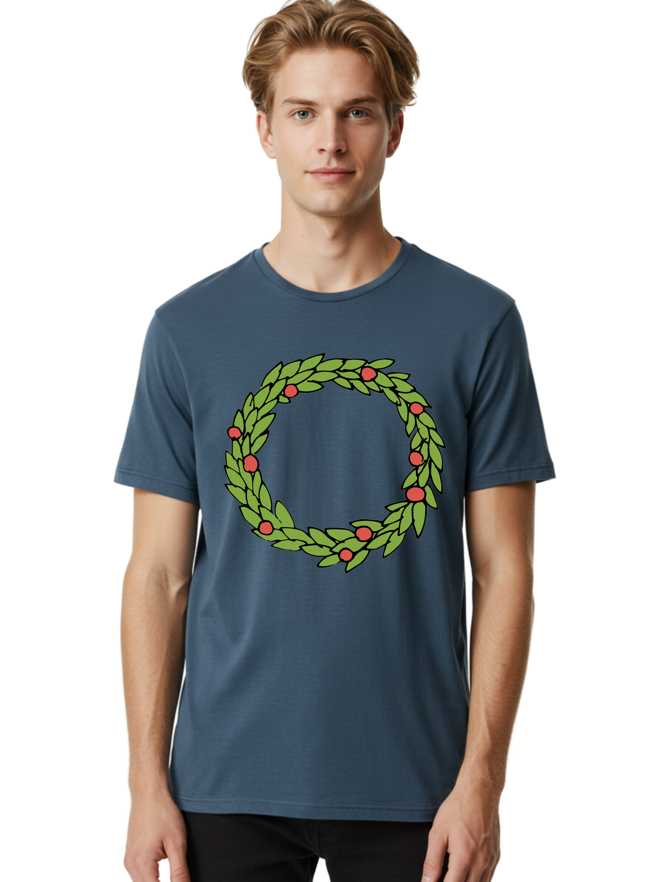 Laurel-Wreath Men'S Graphic Tee, 100% Cotton, Comfortable Casual Summer Wear, Machine Washable, Laurel Wreath, Green Leaves, Red Berries, Circular Design, Symbolic Motif, Traditional Emblem, Vintage Decoration, Classic Iconography, - Aaa960 20