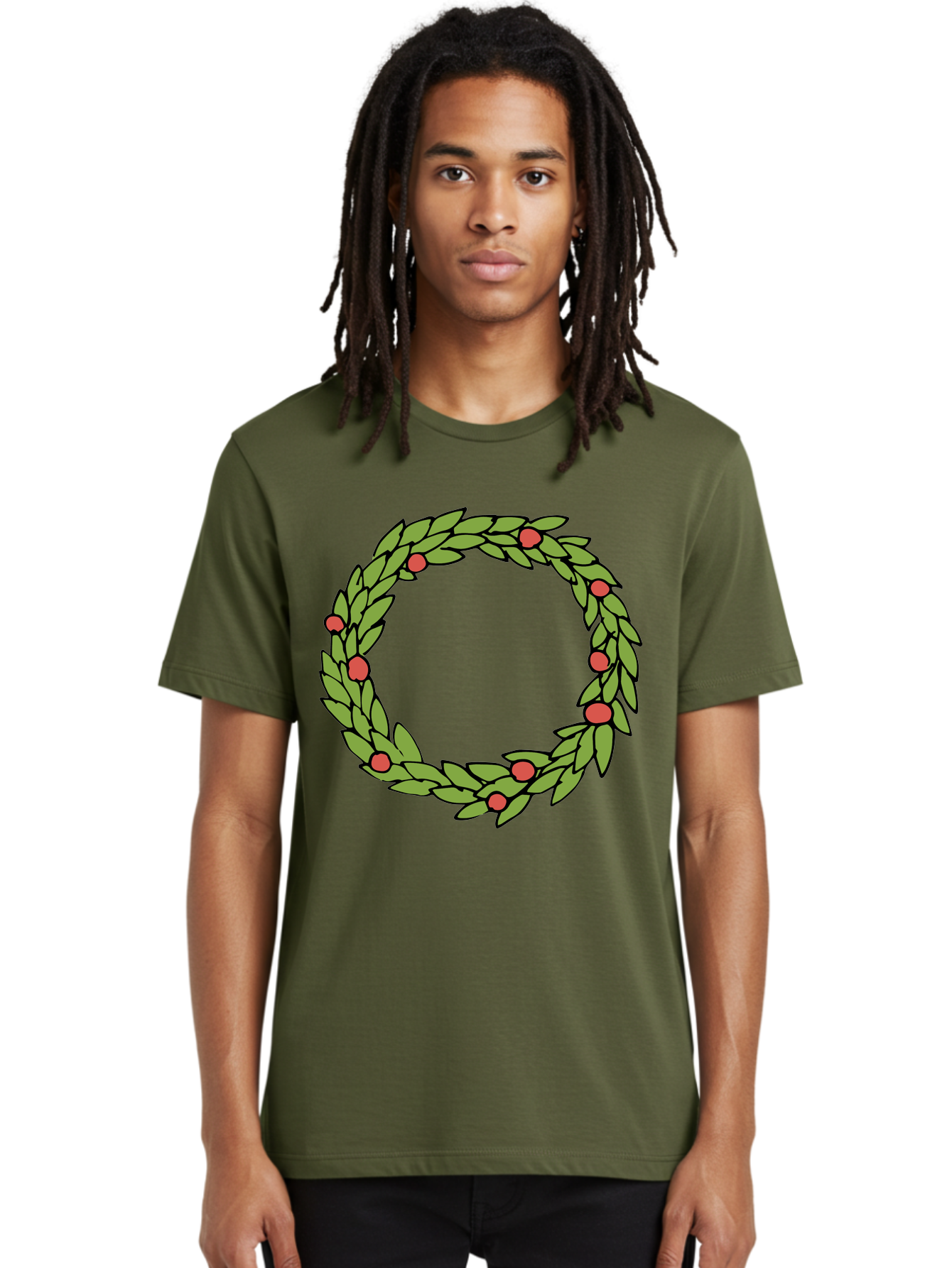 Laurel-Wreath Men'S Graphic Tee, 100% Cotton, Comfortable Casual Summer Wear, Machine Washable, Laurel Wreath, Green Leaves, Red Berries, Circular Design, Symbolic Motif, Traditional Emblem, Vintage Decoration, Classic Iconography, - Aaa960 2