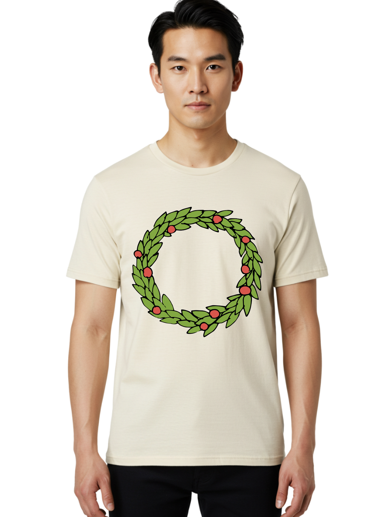 Laurel-Wreath Men'S Graphic Tee, 100% Cotton, Comfortable Casual Summer Wear, Machine Washable, Laurel Wreath, Green Leaves, Red Berries, Circular Design, Symbolic Motif, Traditional Emblem, Vintage Decoration, Classic Iconography, - Aaa960 8