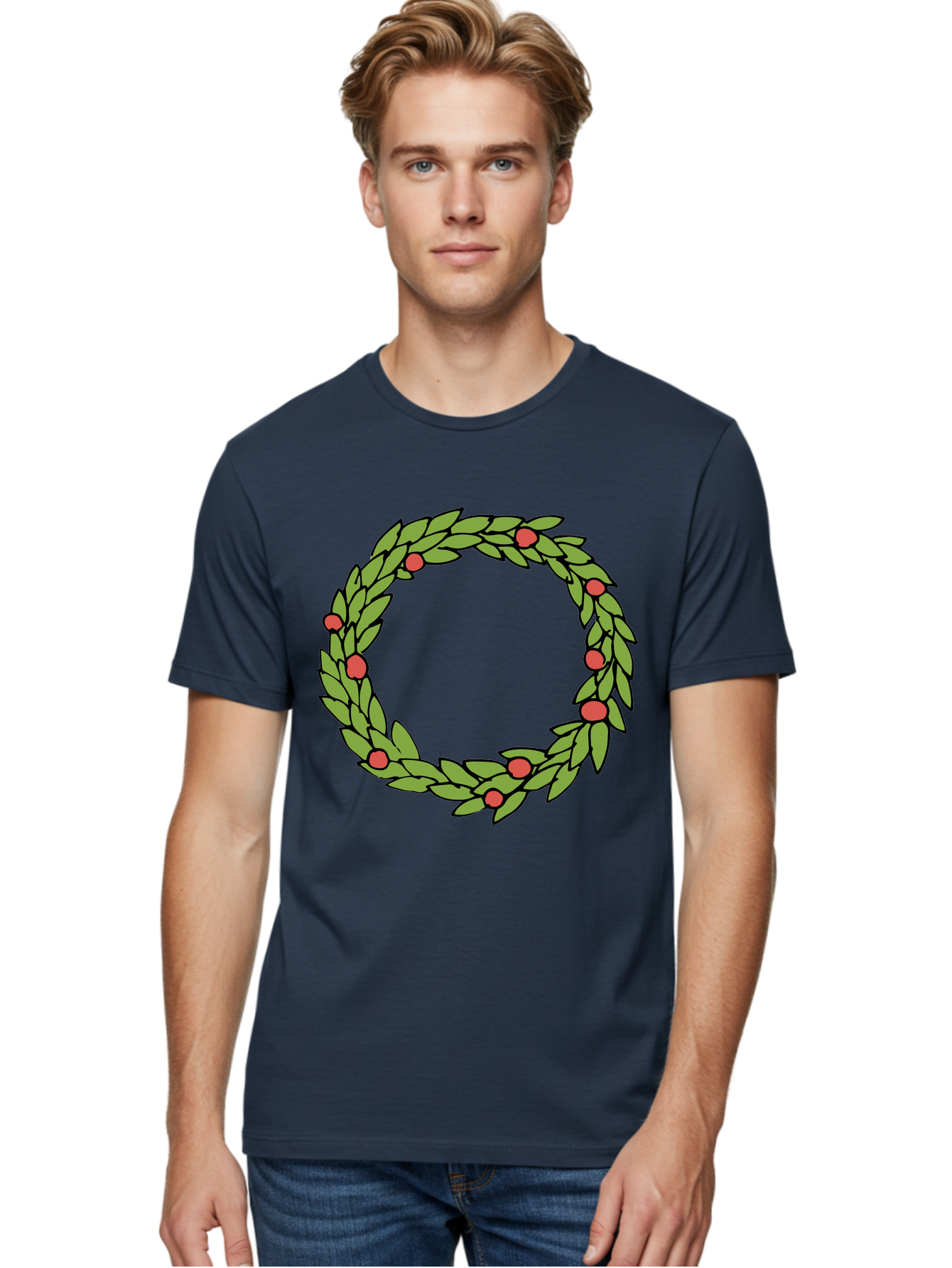 Laurel-Wreath Men'S Graphic Tee, 100% Cotton, Comfortable Casual Summer Wear, Machine Washable, Laurel Wreath, Green Leaves, Red Berries, Circular Design, Symbolic Motif, Traditional Emblem, Vintage Decoration, Classic Iconography, - Aaa960 18