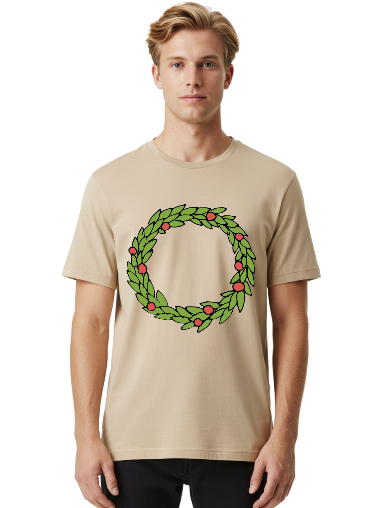 Laurel-Wreath Men'S Graphic Tee, 100% Cotton, Comfortable Casual Summer Wear, Machine Washable, Laurel Wreath, Green Leaves, Red Berries, Circular Design, Symbolic Motif, Traditional Emblem, Vintage Decoration, Classic Iconography, - Aaa960 16