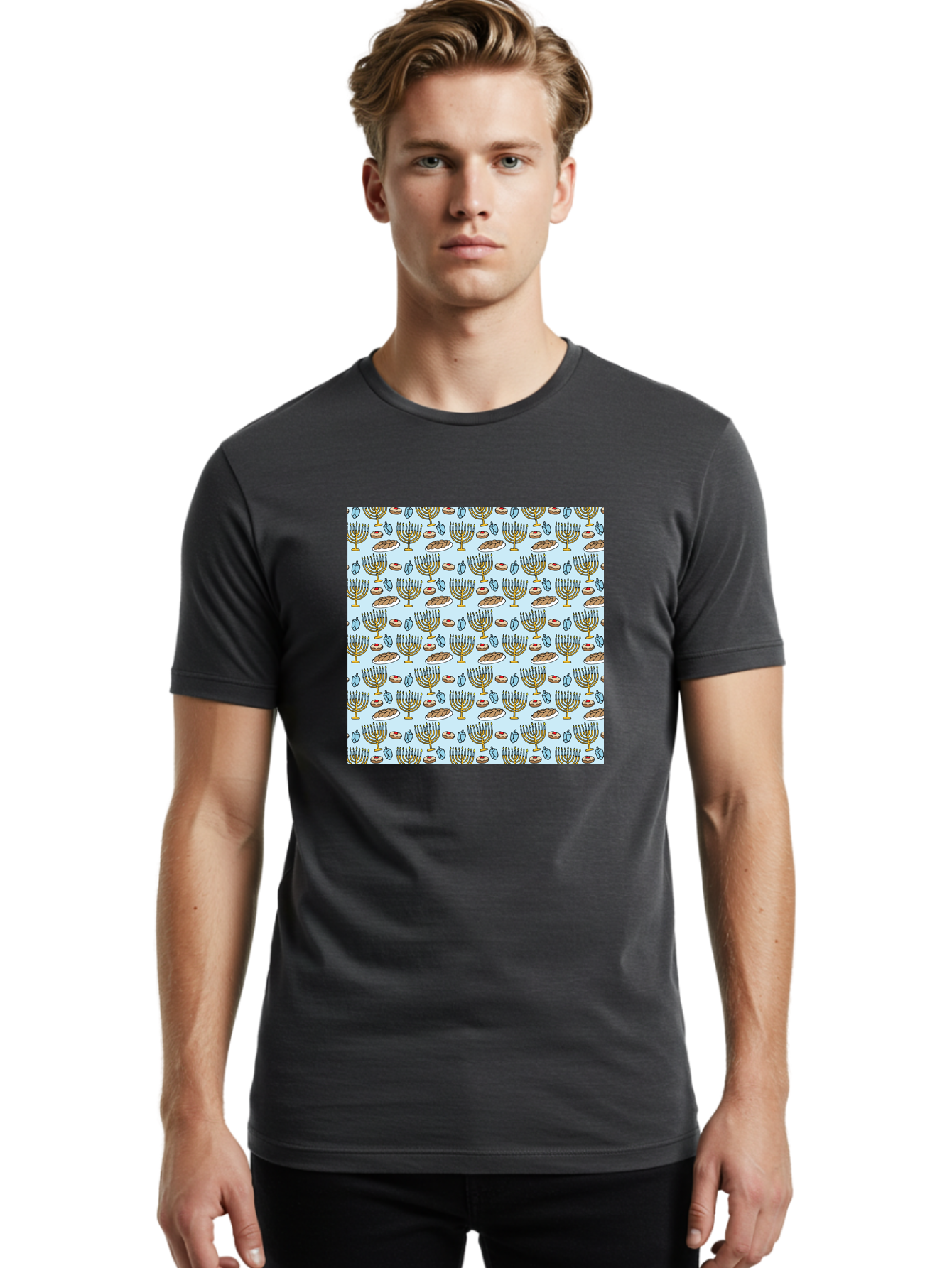 Menorah-Pattern Men'S Graphic Tee, 100% Cotton, Comfortable Casual Summer Wear, Machine Washable, Menorah, Hanukkah Symbols, Jewish Traditions, Festive Decorations, Traditional Jewish Symbols, Menorah Pattern, Hanukkah Decorations - Aaa976 8