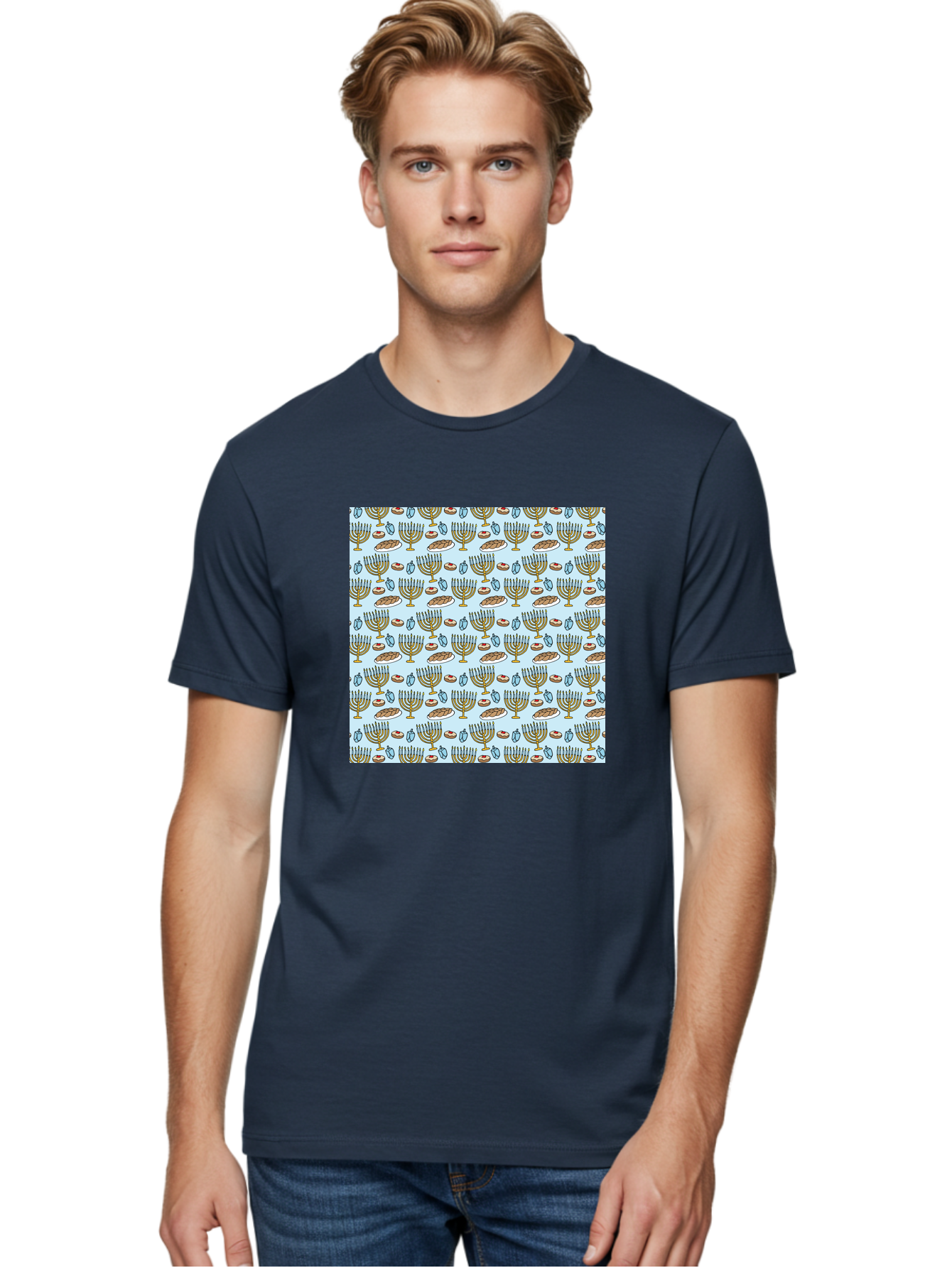 Menorah-Pattern Men'S Graphic Tee, 100% Cotton, Comfortable Casual Summer Wear, Machine Washable, Menorah, Hanukkah Symbols, Jewish Traditions, Festive Decorations, Traditional Jewish Symbols, Menorah Pattern, Hanukkah Decorations - Aaa976 20
