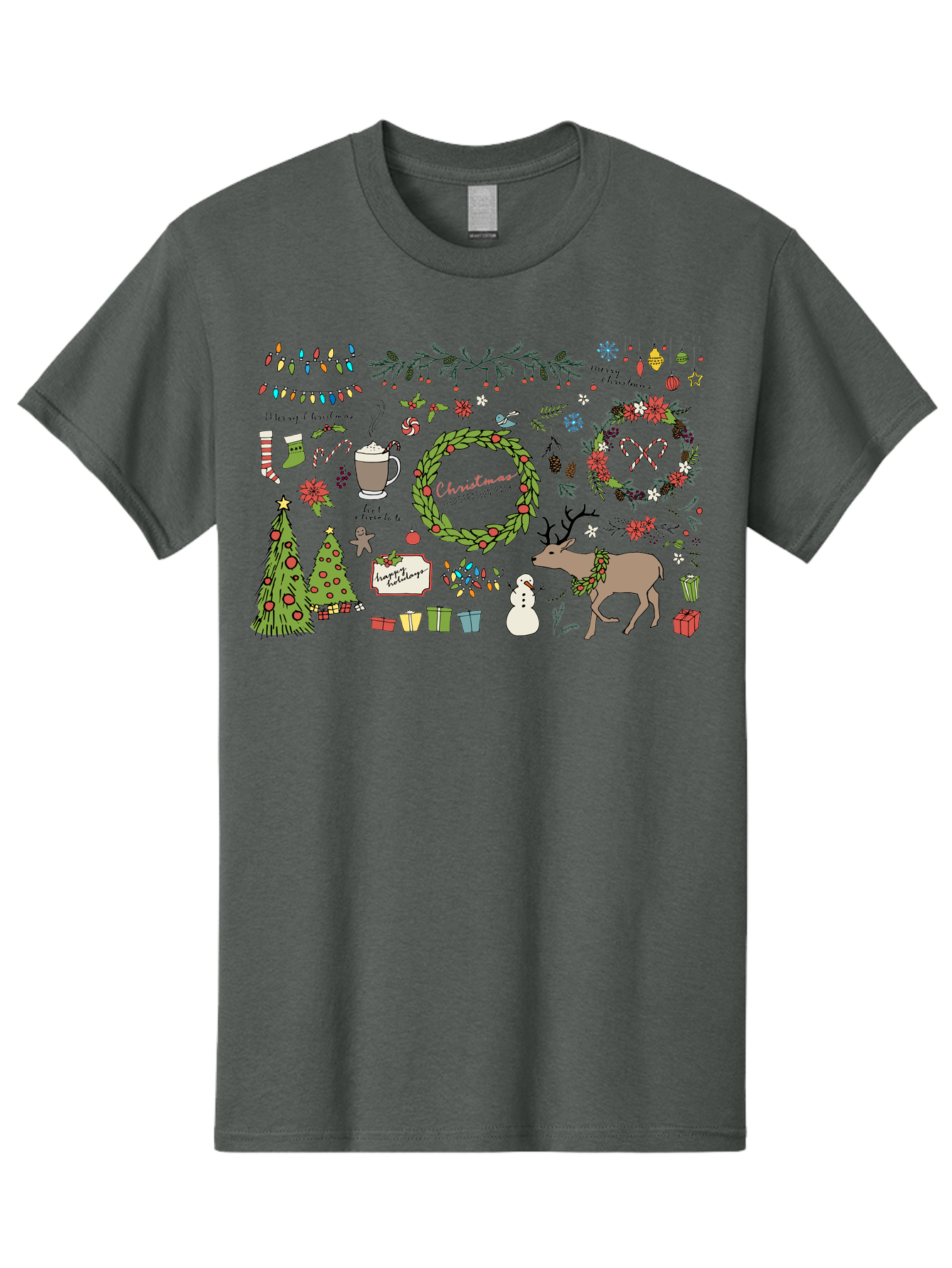 Merry-Christmas-Illustration-Pack Men'S Graphic Tee, 100% Cotton, Comfortable Casual Summer Wear, Machine Washable, Christmas Decoration, Festive Elements, Winter Wonderland, Holiday Illustrations, Christmas Tree, Reindeer, Snowman, - Aaa989 19