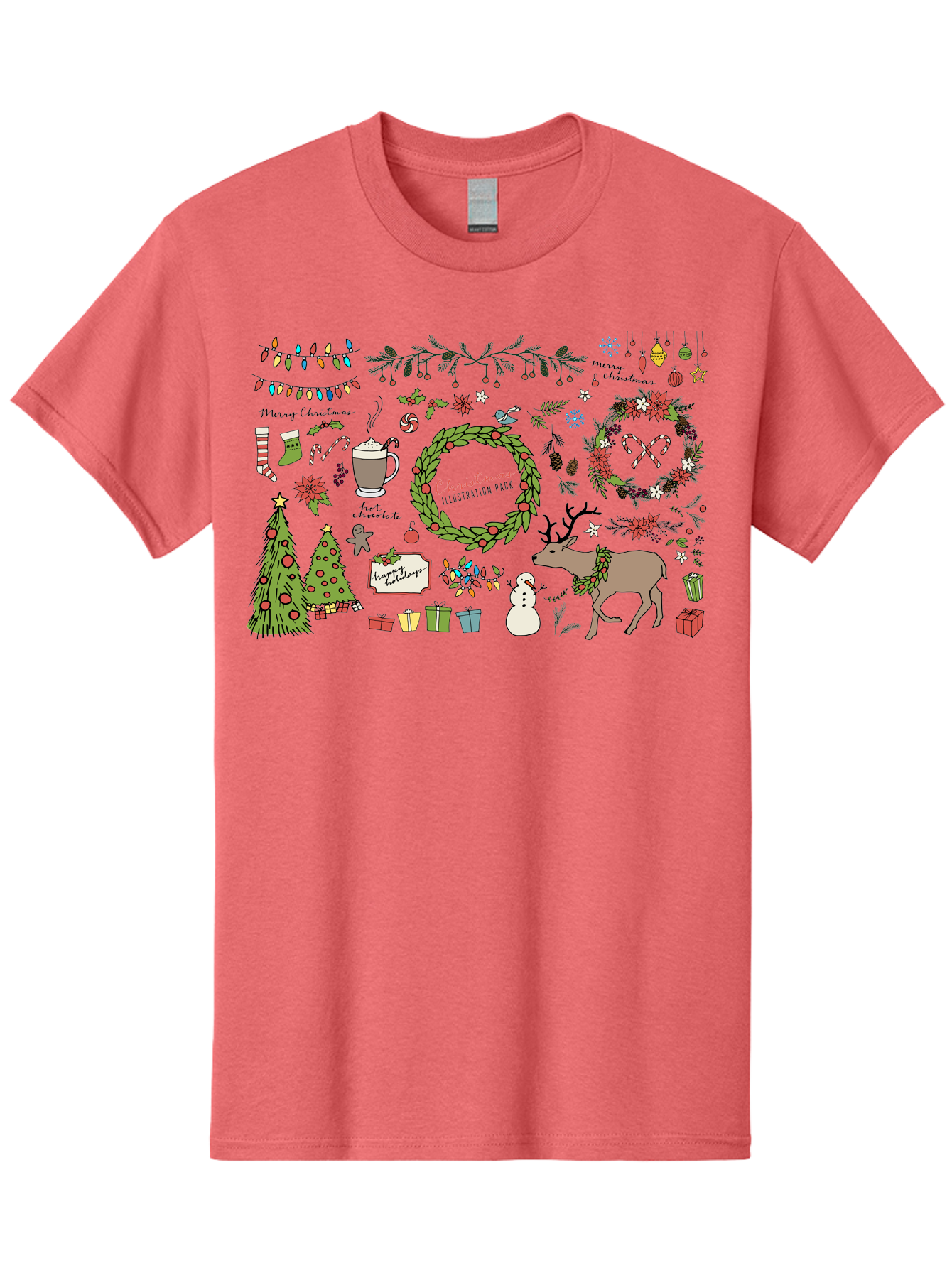 Merry-Christmas-Illustration-Pack Men'S Graphic Tee, 100% Cotton, Comfortable Casual Summer Wear, Machine Washable, Christmas Decoration, Festive Elements, Winter Wonderland, Holiday Illustrations, Christmas Tree, Reindeer, Snowman, - Aaa989 27