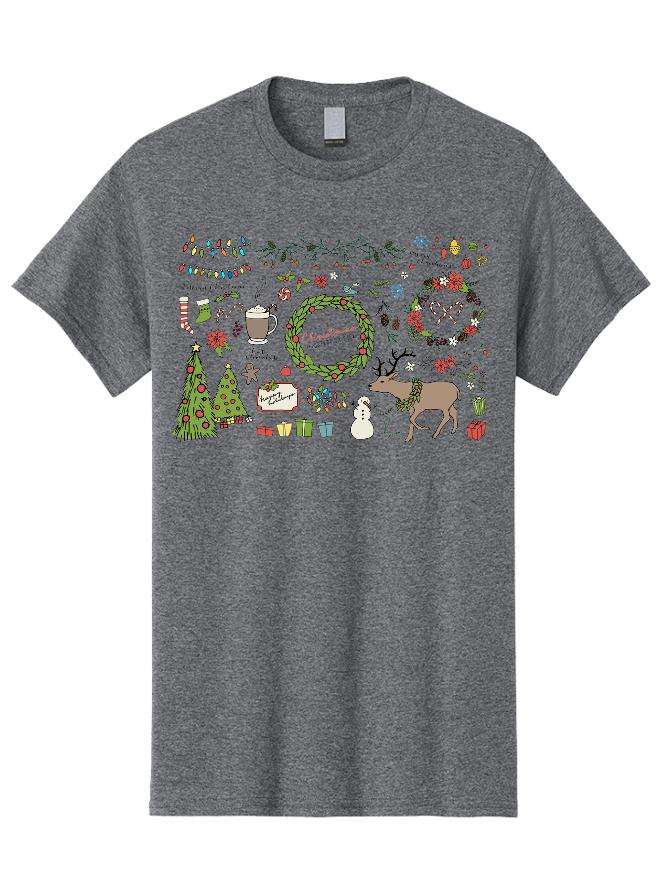 Merry-Christmas-Illustration-Pack Men'S Graphic Tee, 100% Cotton, Comfortable Casual Summer Wear, Machine Washable, Christmas Decoration, Festive Elements, Winter Wonderland, Holiday Illustrations, Christmas Tree, Reindeer, Snowman, - Aaa989 15
