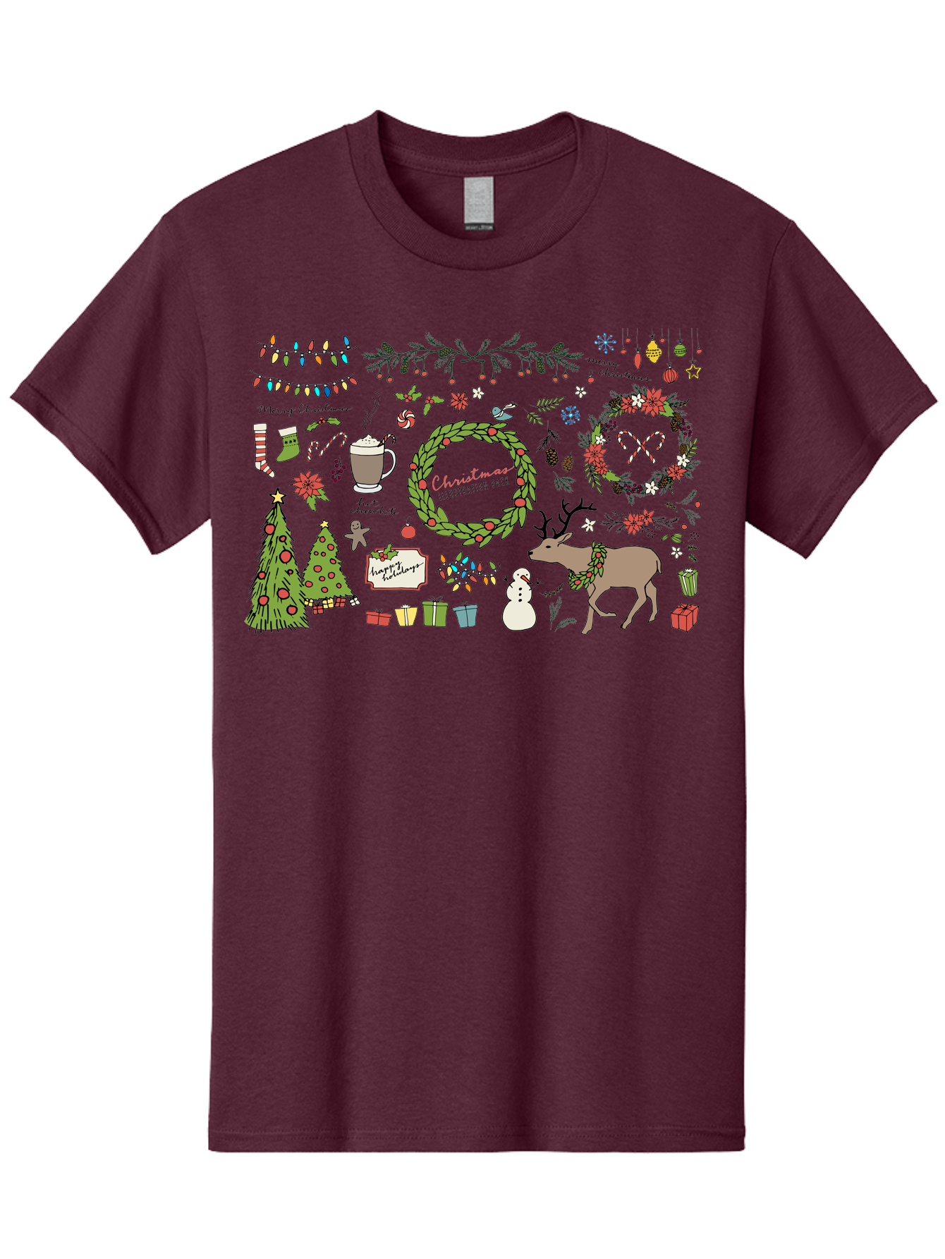 Merry-Christmas-Illustration-Pack Men'S Graphic Tee, 100% Cotton, Comfortable Casual Summer Wear, Machine Washable, Christmas Decoration, Festive Elements, Winter Wonderland, Holiday Illustrations, Christmas Tree, Reindeer, Snowman, - Aaa989 9