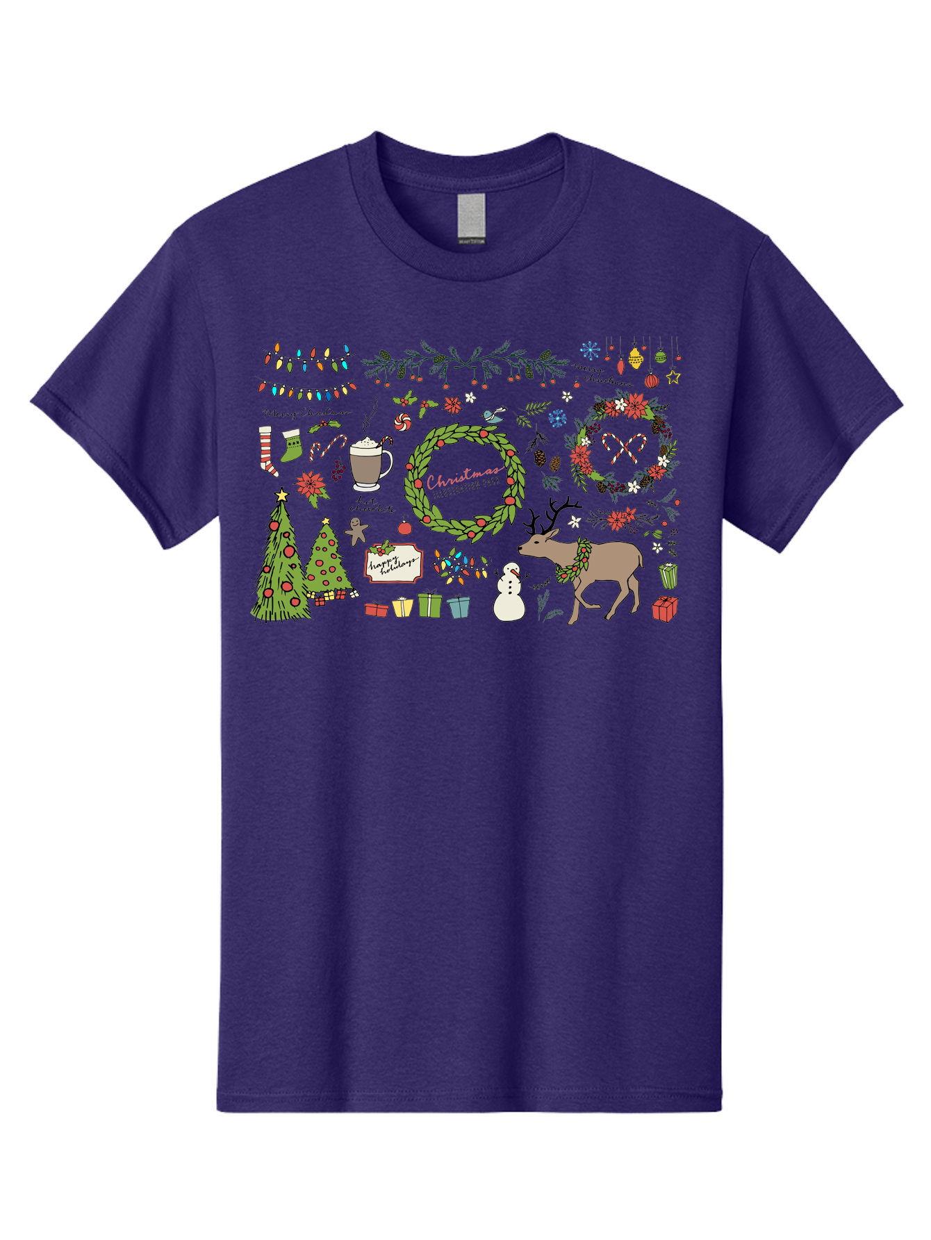 Merry-Christmas-Illustration-Pack Men'S Graphic Tee, 100% Cotton, Comfortable Casual Summer Wear, Machine Washable, Christmas Decoration, Festive Elements, Winter Wonderland, Holiday Illustrations, Christmas Tree, Reindeer, Snowman, - Aaa989 11