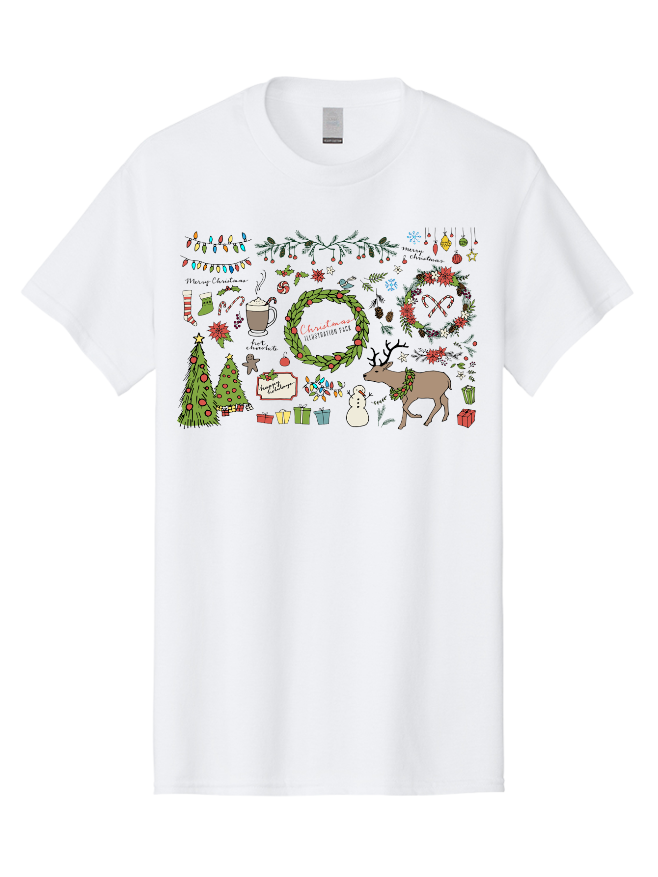 Merry-Christmas-Illustration-Pack Men'S Graphic Tee, 100% Cotton, Comfortable Casual Summer Wear, Machine Washable, Christmas Decoration, Festive Elements, Winter Wonderland, Holiday Illustrations, Christmas Tree, Reindeer, Snowman, - Aaa989 23