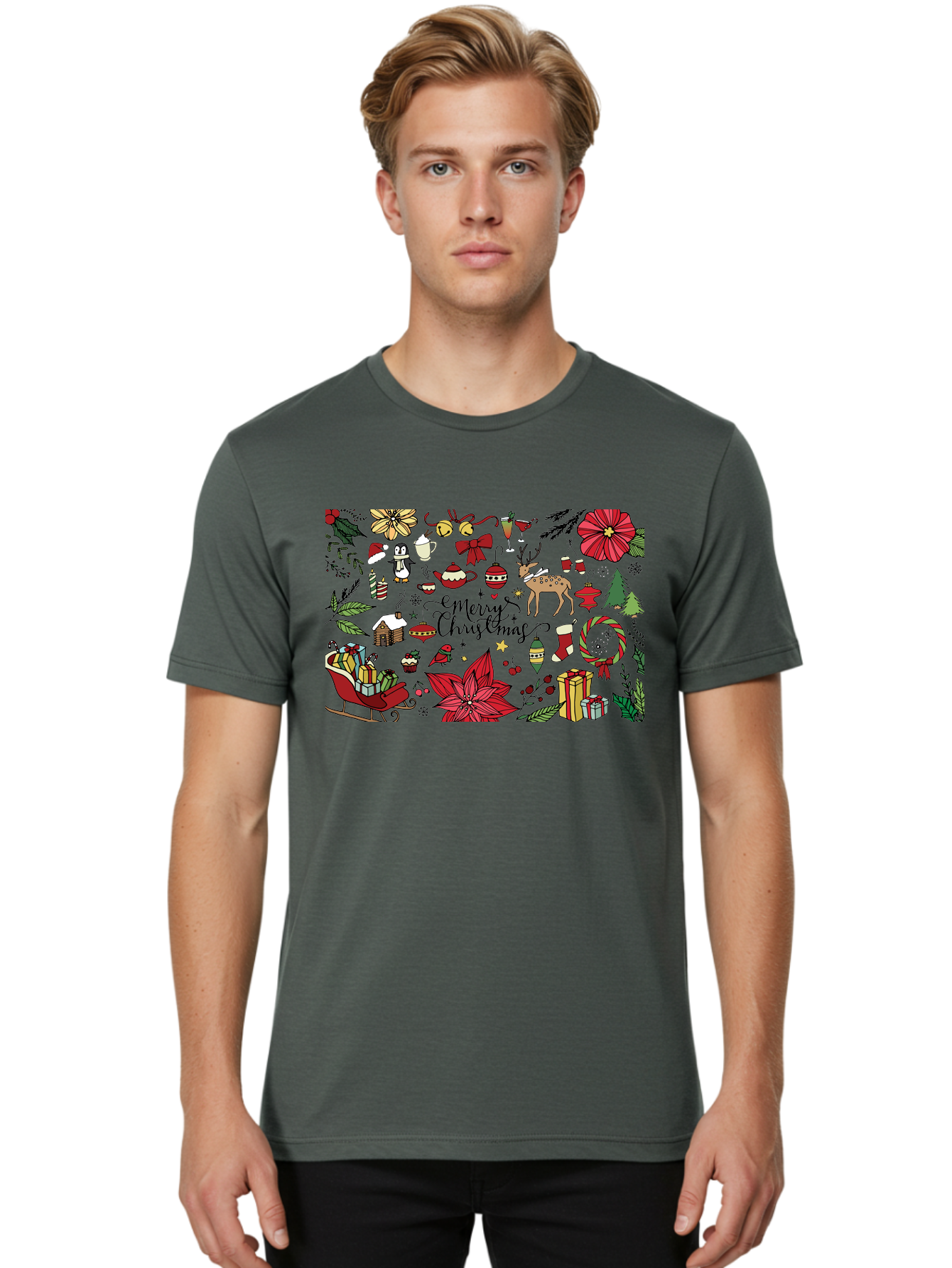 Merry-Christmas Men'S Graphic Tee, 100% Cotton, Comfortable Casual Summer Wear, Machine Washable, Merry Christmas, Holiday Elements, Festive Decorations, Red And Black Illustrations, Christmas Gifts, Sleigh, Reindeer, Poinsettia, - Aaa990 18