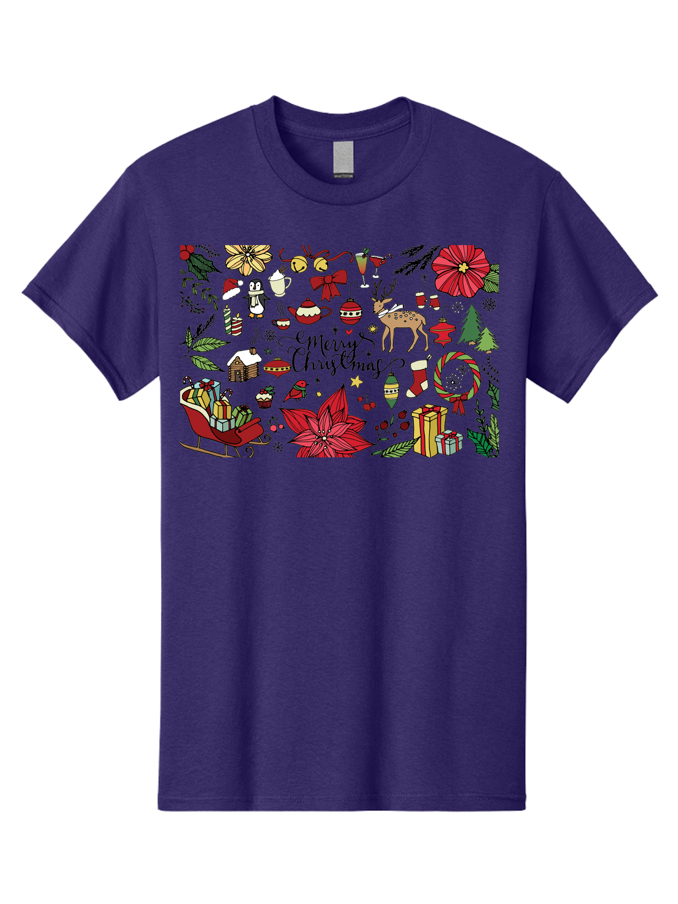 Merry-Christmas Men'S Graphic Tee, 100% Cotton, Comfortable Casual Summer Wear, Machine Washable, Merry Christmas, Holiday Elements, Festive Decorations, Red And Black Illustrations, Christmas Gifts, Sleigh, Reindeer, Poinsettia, - Aaa990 27
