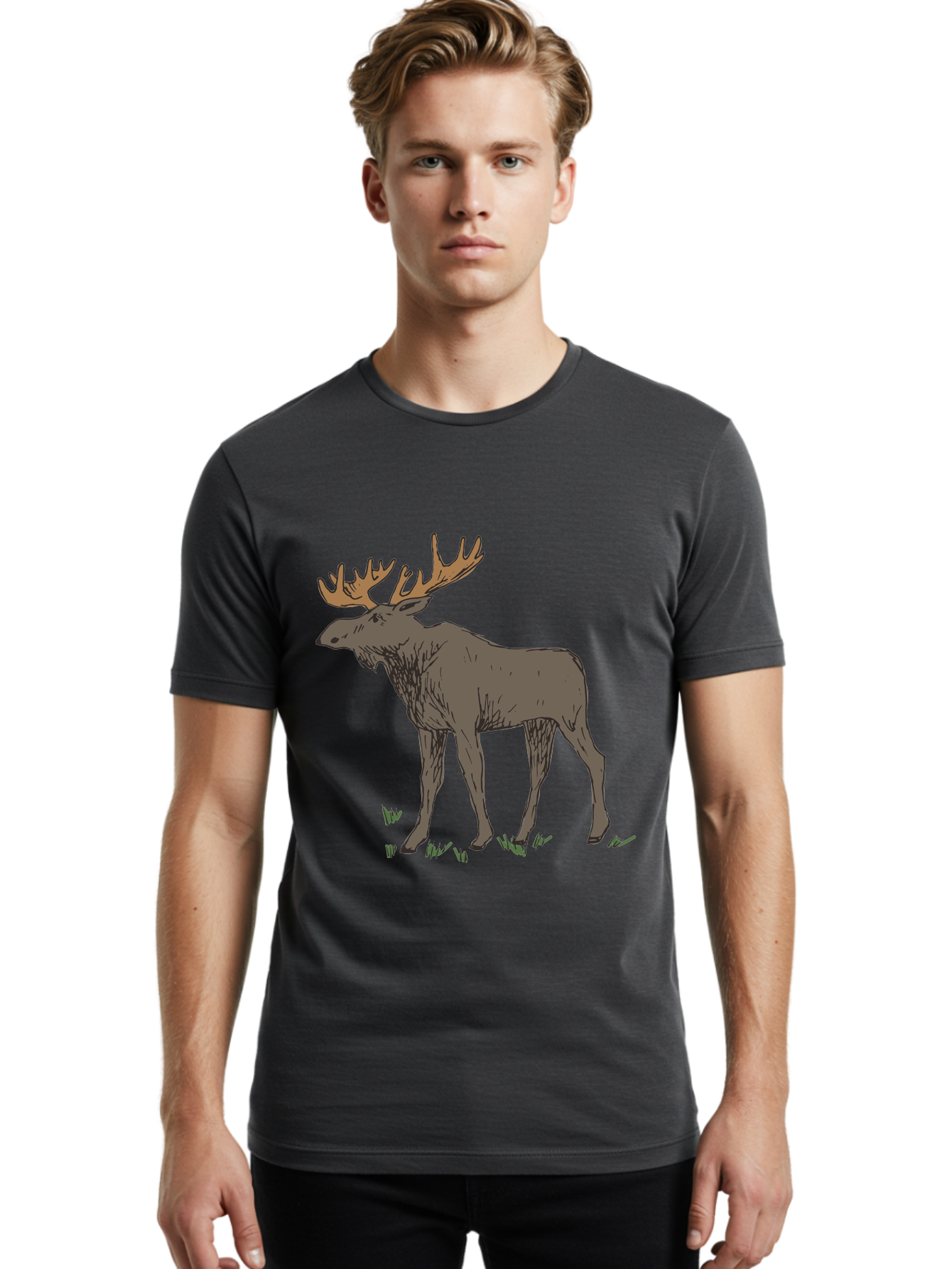 Moose-1 Men'S Graphic Tee, 100% Cotton, Comfortable Casual Summer Wear, Machine Washable, Illustration Of A Moose, Large Antlers, Wildlife, Animal Art, Cartoon Style, Wildlife Illustration, Mammal Drawing, Forest Creature, Nature Graphic - Aaa997 8