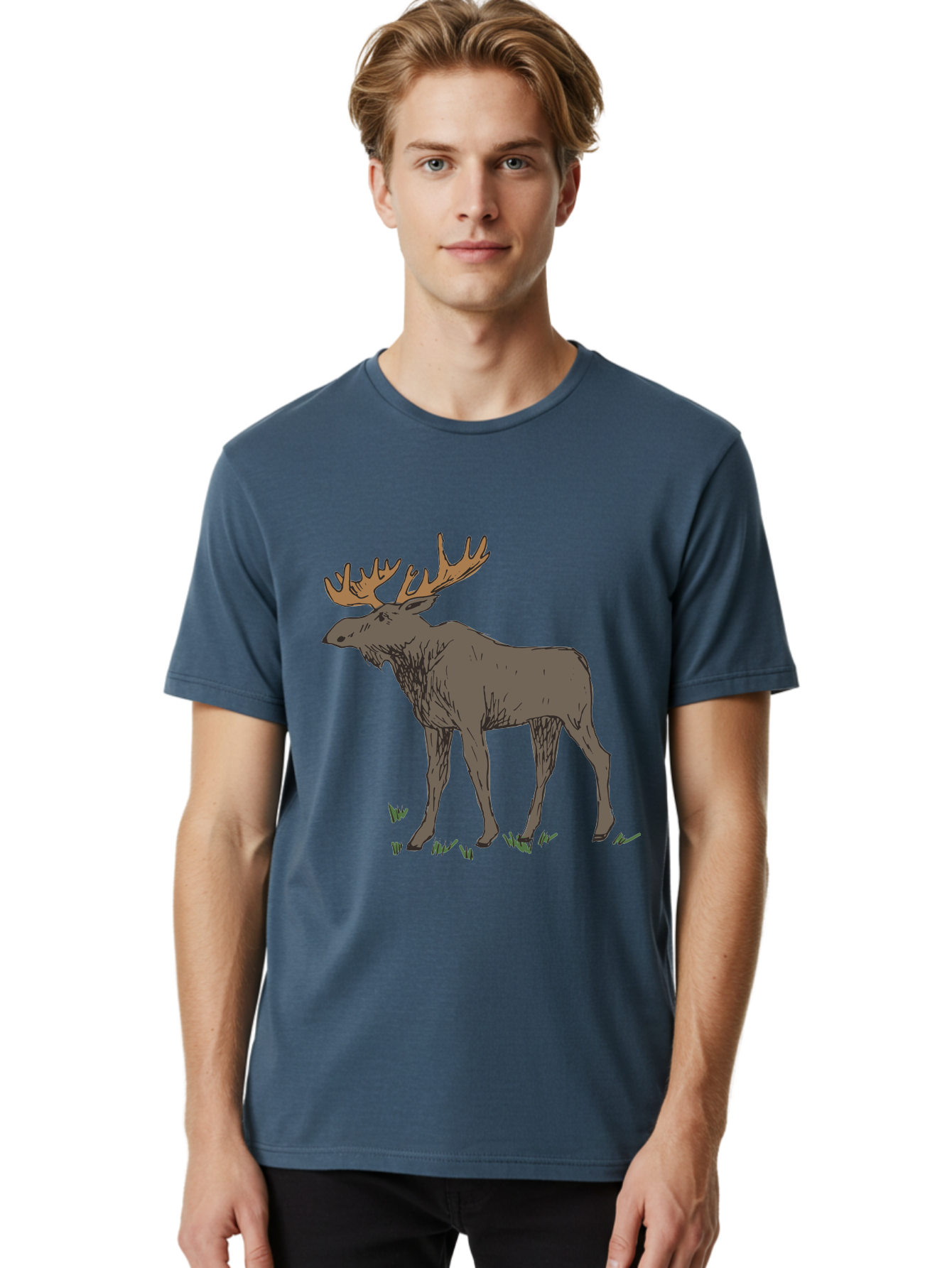 Moose-1 Men'S Graphic Tee, 100% Cotton, Comfortable Casual Summer Wear, Machine Washable, Illustration Of A Moose, Large Antlers, Wildlife, Animal Art, Cartoon Style, Wildlife Illustration, Mammal Drawing, Forest Creature, Nature Graphic - Aaa997 12
