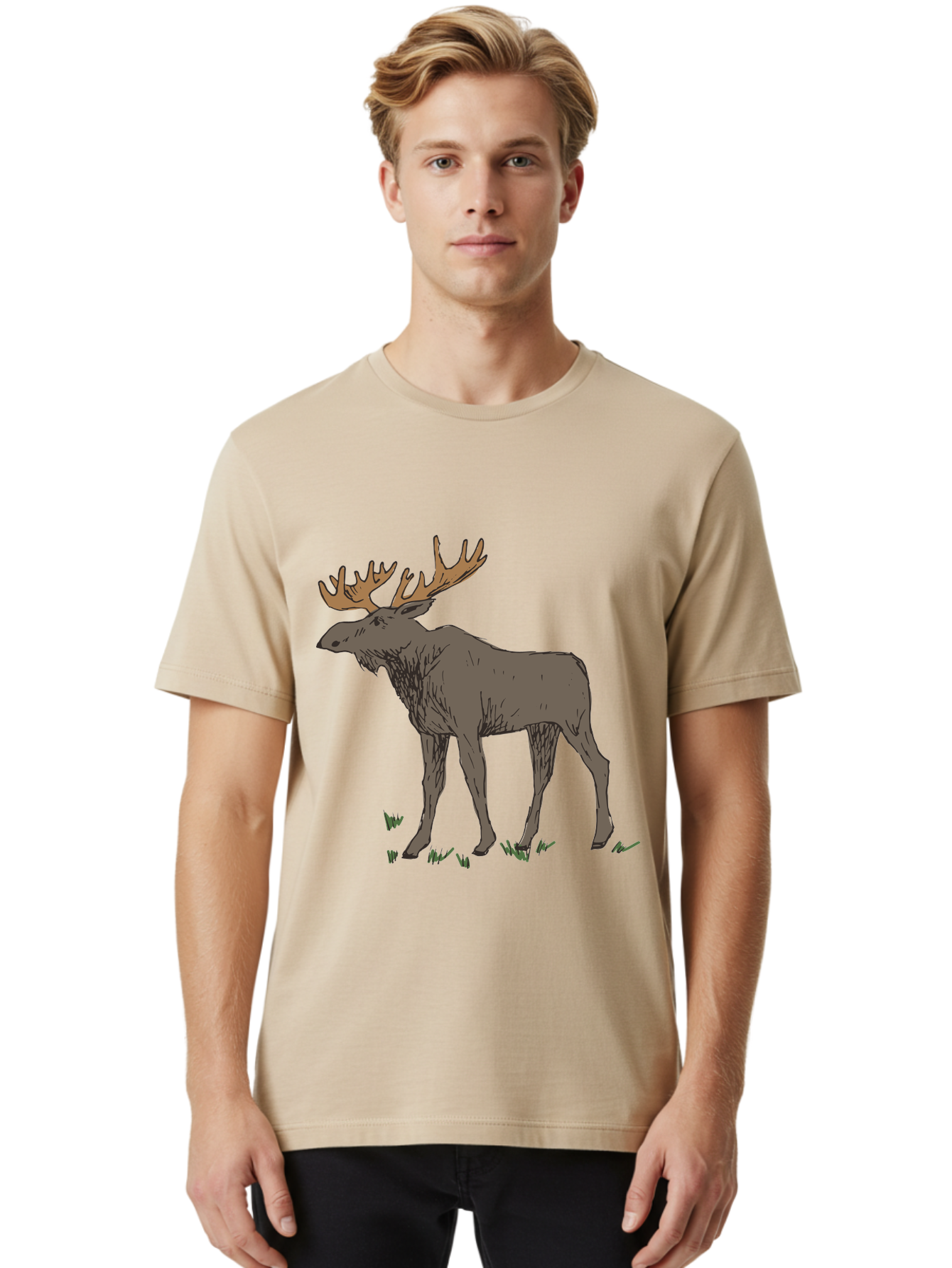 Moose-1 Men'S Graphic Tee, 100% Cotton, Comfortable Casual Summer Wear, Machine Washable, Illustration Of A Moose, Large Antlers, Wildlife, Animal Art, Cartoon Style, Wildlife Illustration, Mammal Drawing, Forest Creature, Nature Graphic - Aaa997 28