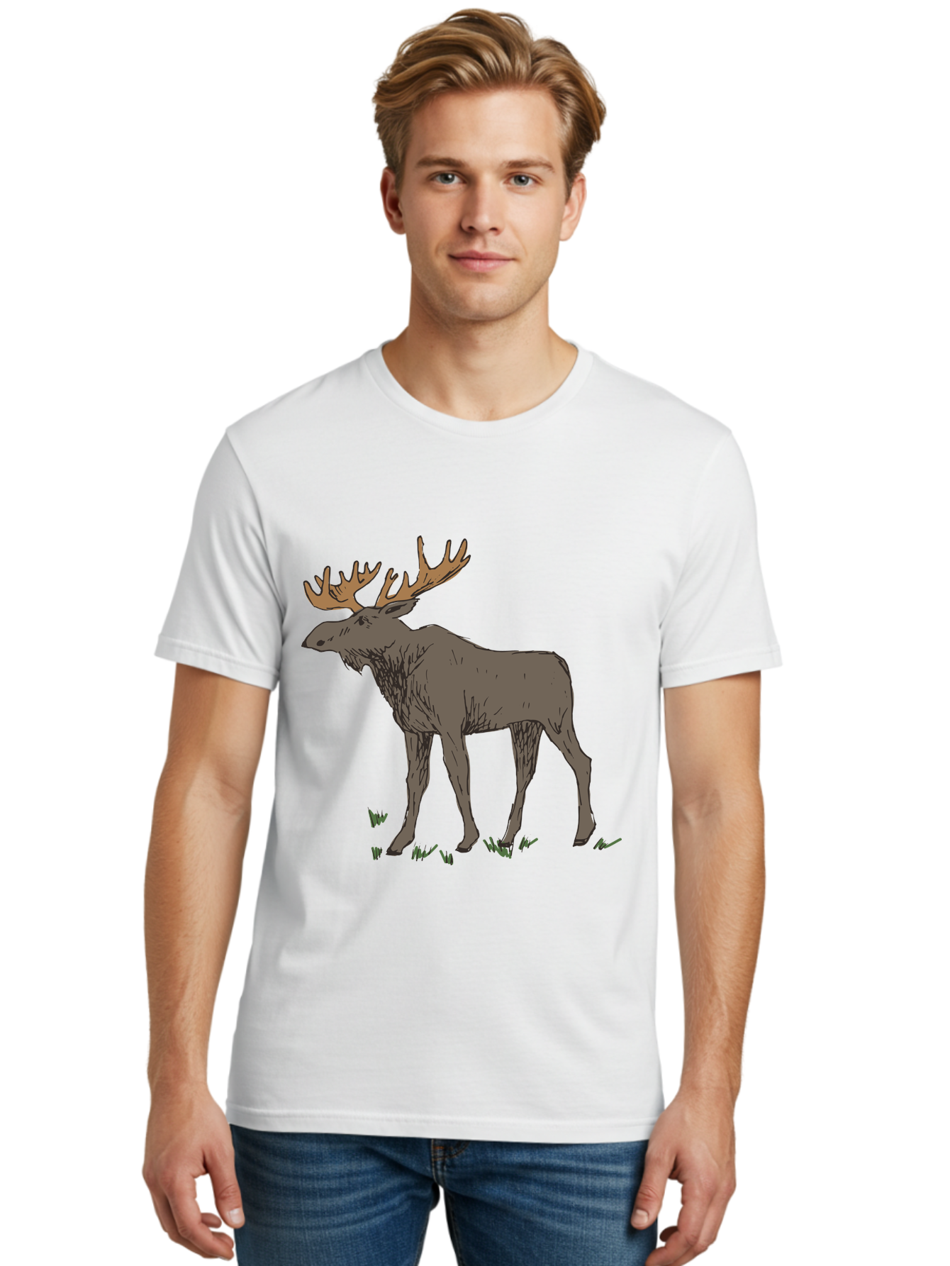 Moose-1 Men'S Graphic Tee, 100% Cotton, Comfortable Casual Summer Wear, Machine Washable, Illustration Of A Moose, Large Antlers, Wildlife, Animal Art, Cartoon Style, Wildlife Illustration, Mammal Drawing, Forest Creature, Nature Graphic - Aaa997 30