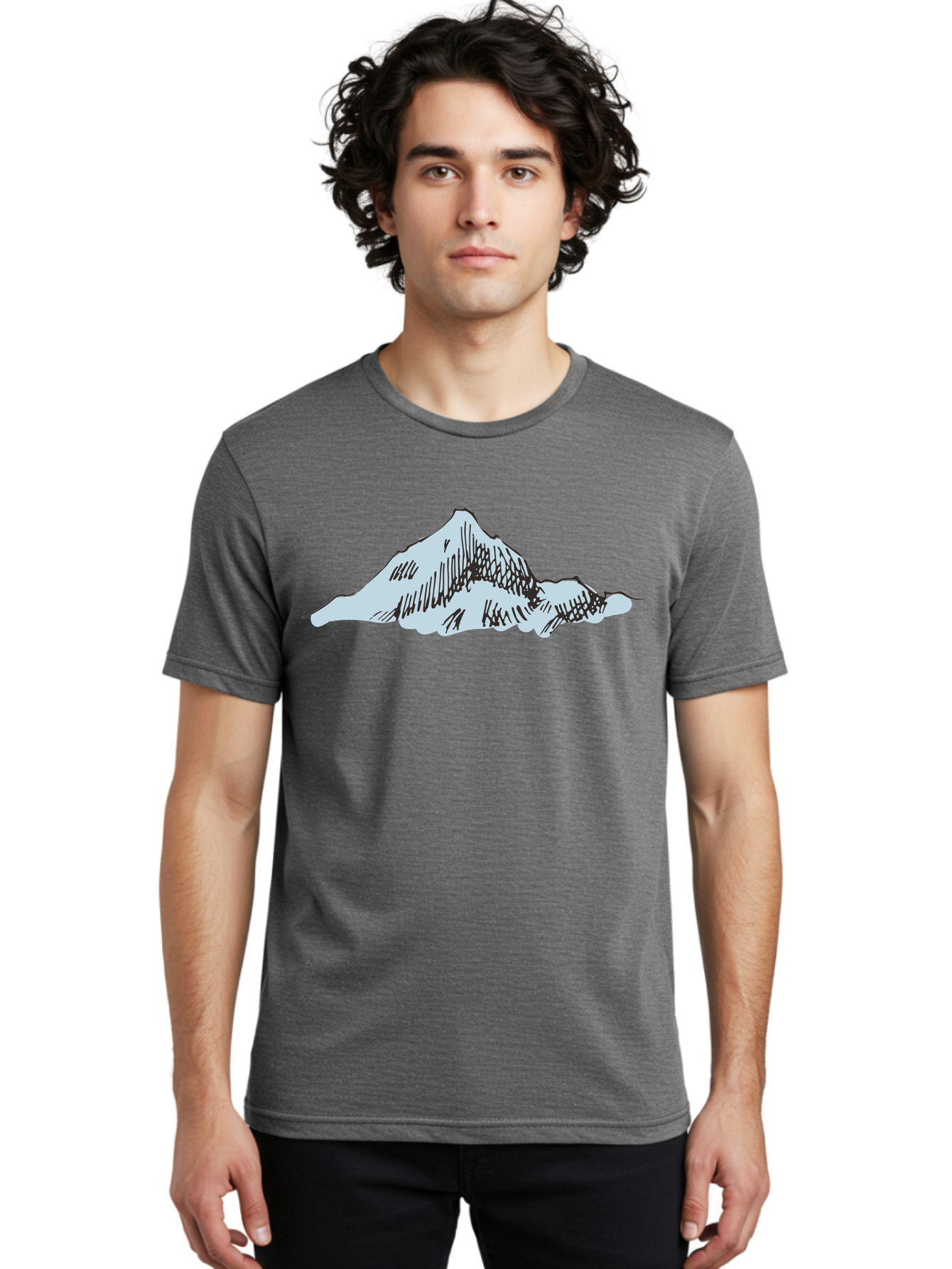 Mountain-Landscape Men'S Graphic Tee, 100% Cotton, Comfortable Casual Summer Wear, Machine Washable, Cartoon Mountain, Sketch Art, Black Lines, Simple Design, Minimalist Style, White Mountain Peak, Abstract Landscape, Illustration Aaa999 22